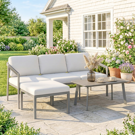 Amalfi 3 Piece Garden Dining Set, Garden Furniture with 3 Seater Sofa, Footstool, Coffee Table and Cuhsions