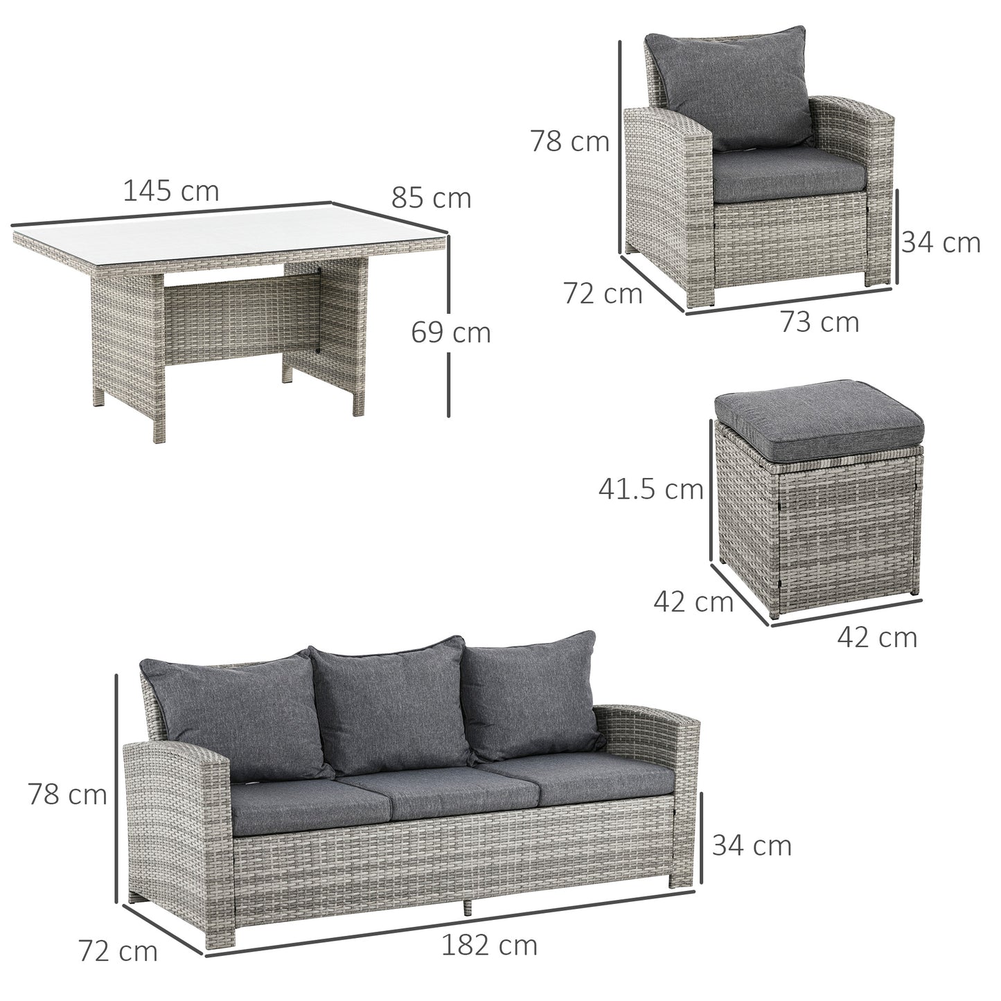 Outsunny 6-Piece Wicker Rattan Garden Set, Aluminium Patio Wicker Dining Sets with Glass Top Table & Soft Cushion, Light Grey