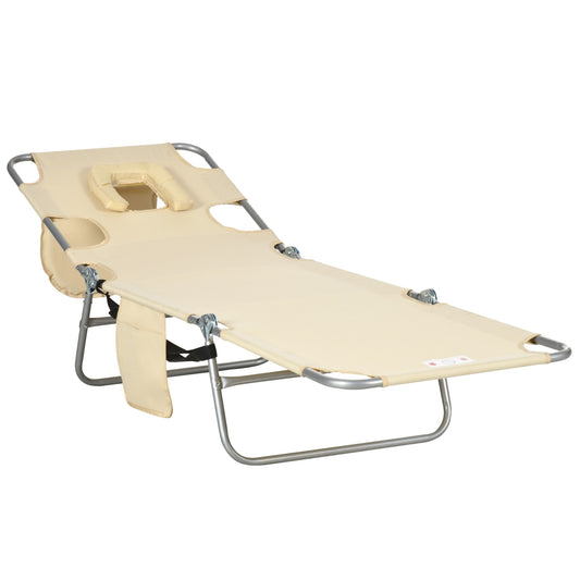 Outsunny Foldable Sun Lounger, Beach Chaise Lounge with Reading Hole, Arm Slots, 5-Position Adjustable Backrest, Side Pocket, Pillow for Garden, Beach, Camping, Beige
