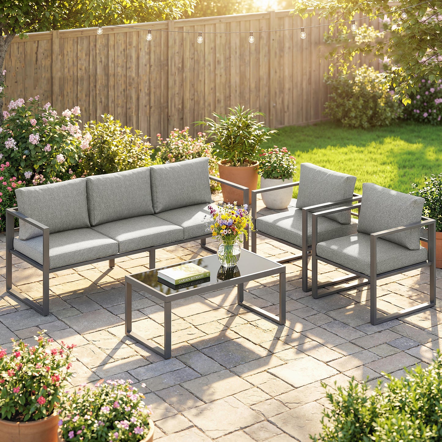 Mediterraneo 4 Piece Garden Furniture Set, Garden Furniture with 3-Seater Sofa, Armchairs and Coffee Table