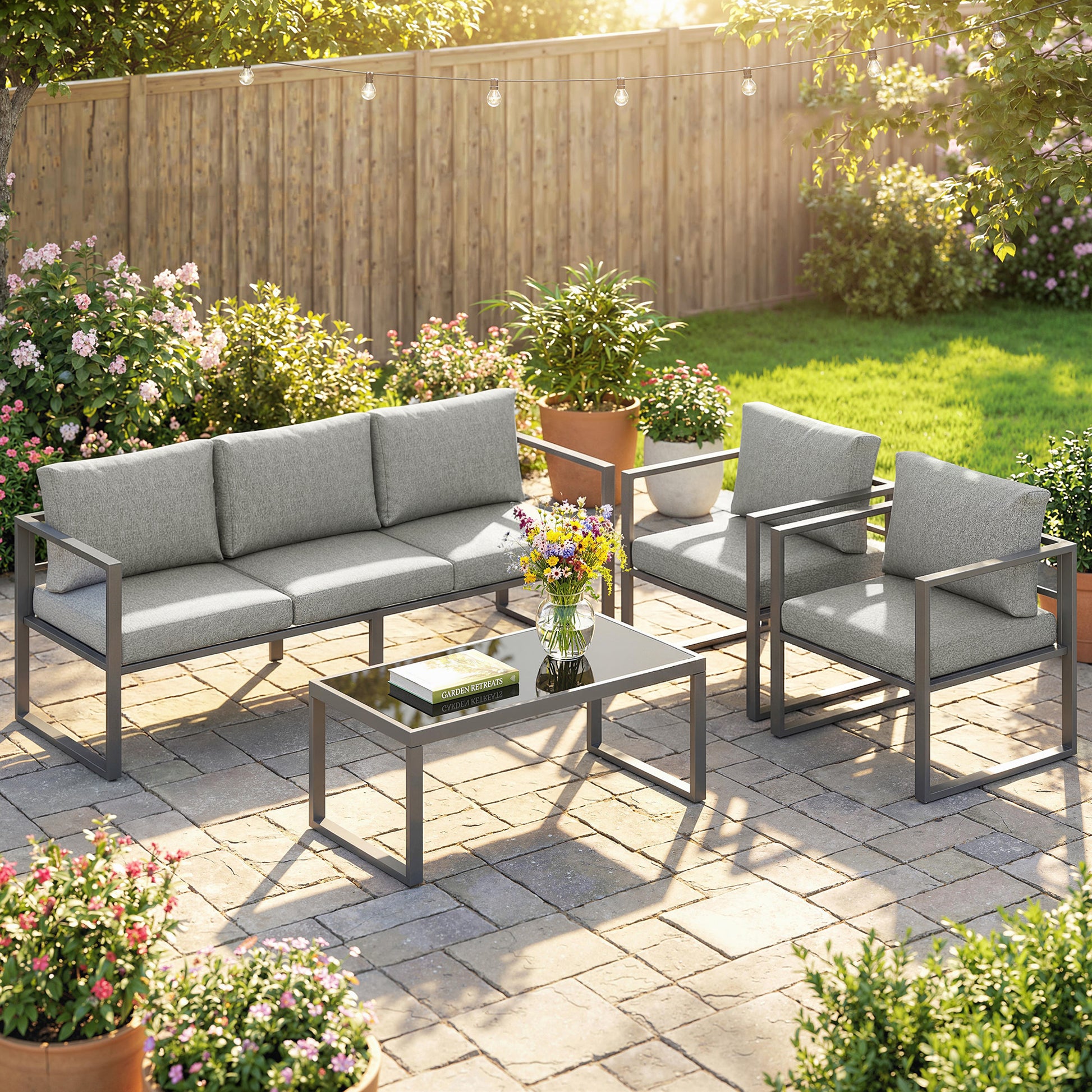 Mediterraneo 4 Piece Garden Furniture Set, Garden Furniture with 3-Seater Sofa, Armchairs and Coffee Table