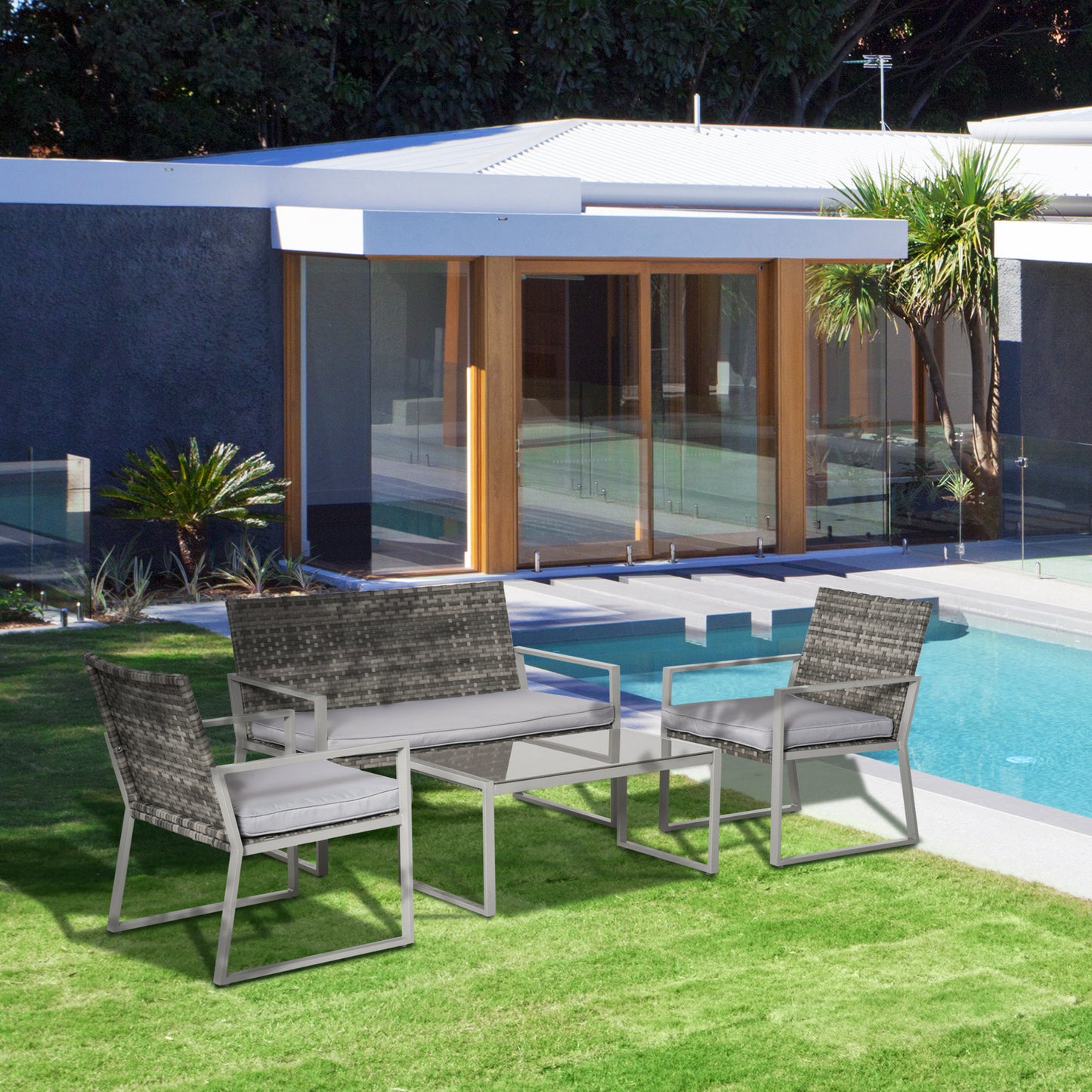 Verona 4PC Rattan Garden Furniture Set 2 Single Sofa Arm Chairs 1 Bench with Cushions & Coffee Table Patio