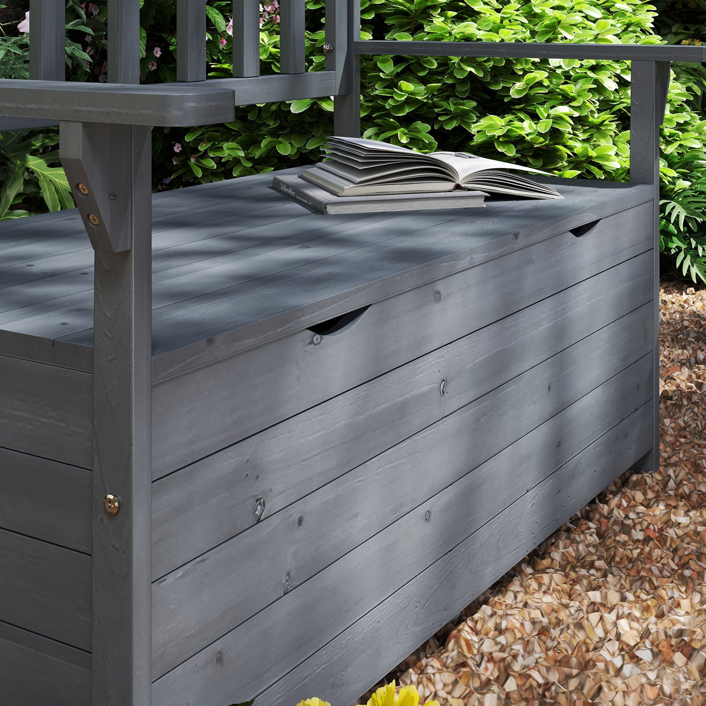 Outsunny Outdoor 2 Seater Garden Bench, Wooden Bench with Storage, Backrest, Arm Rests, 112 x 84 x 58 cm, Grey
