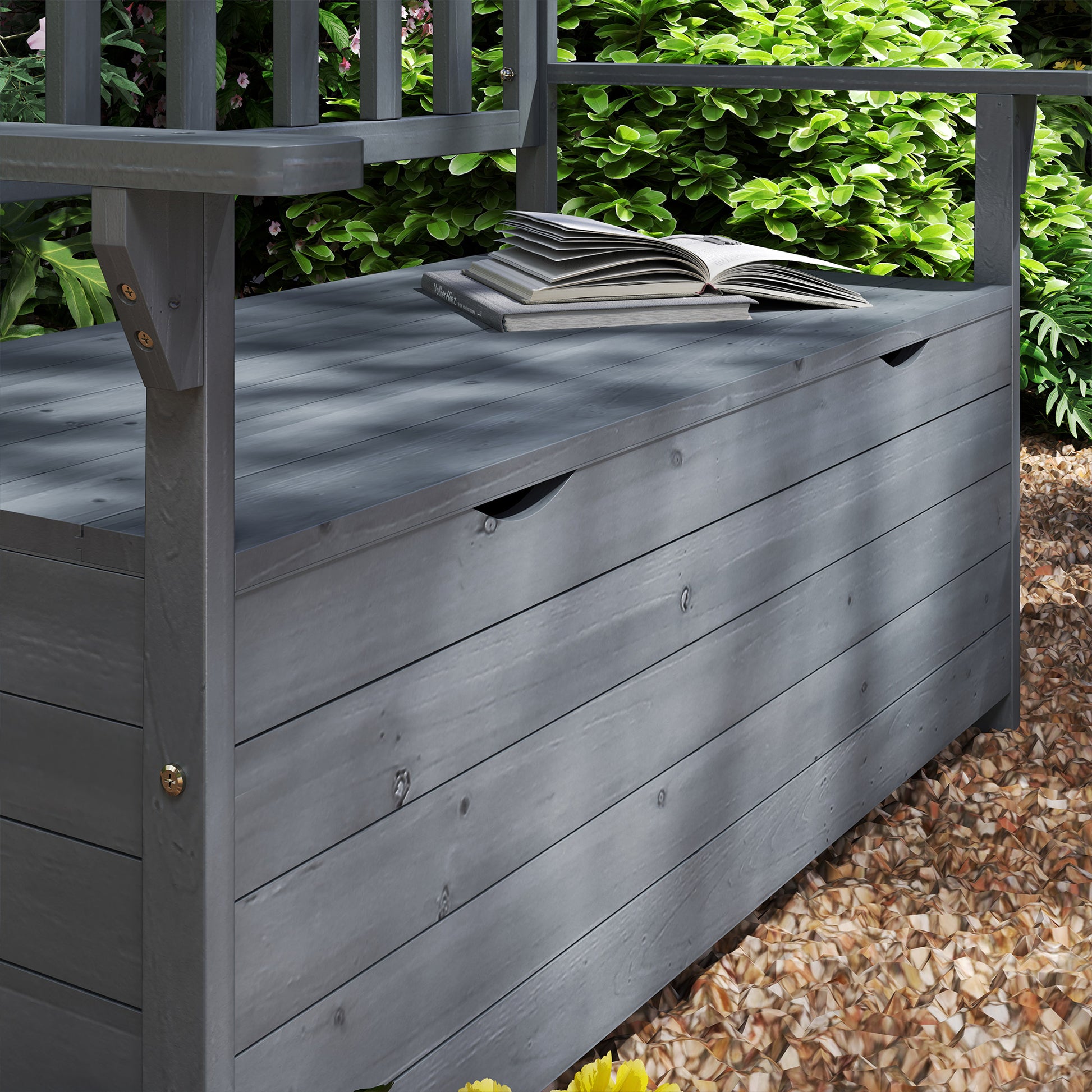 Outsunny Outdoor 2 Seater Garden Bench, Wooden Bench with Storage, Backrest, Arm Rests, 112 x 84 x 58 cm, Grey