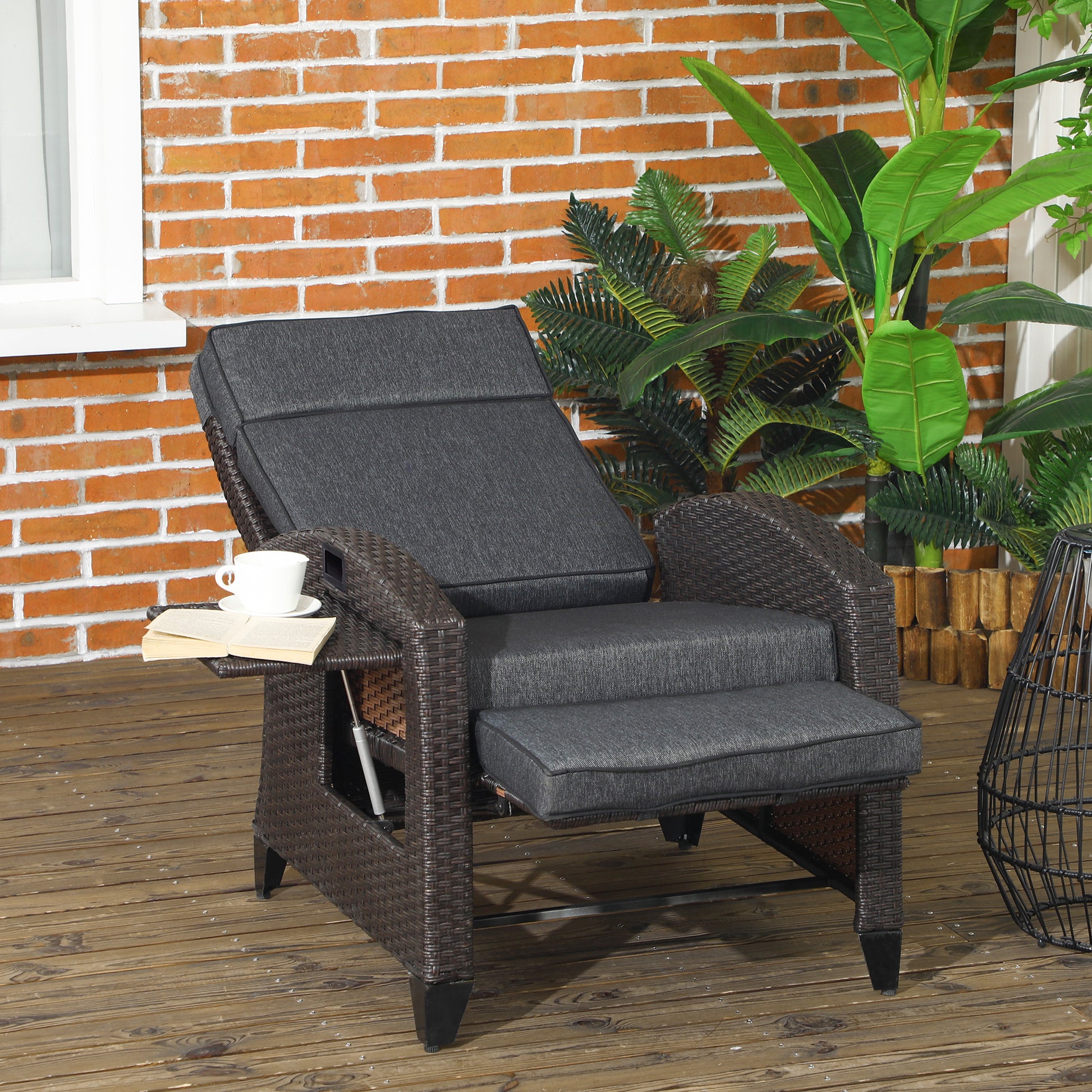 Monaco Outdoor Recliner Chair with Adjustable Backrest and Footrest, Cushion, Side Tray, Dark Grey/Brown