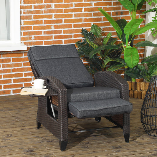 Monaco Outdoor Recliner Chair with Adjustable Backrest and Footrest, Cushion, Side Tray, Dark Grey/Brown