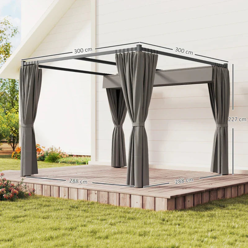 Light Grey 3m x 3m Retractable Roof Pergola Canopy – Outdoor Patio Shelter with Curtains, Metal Frame & Secure Fixing Kit