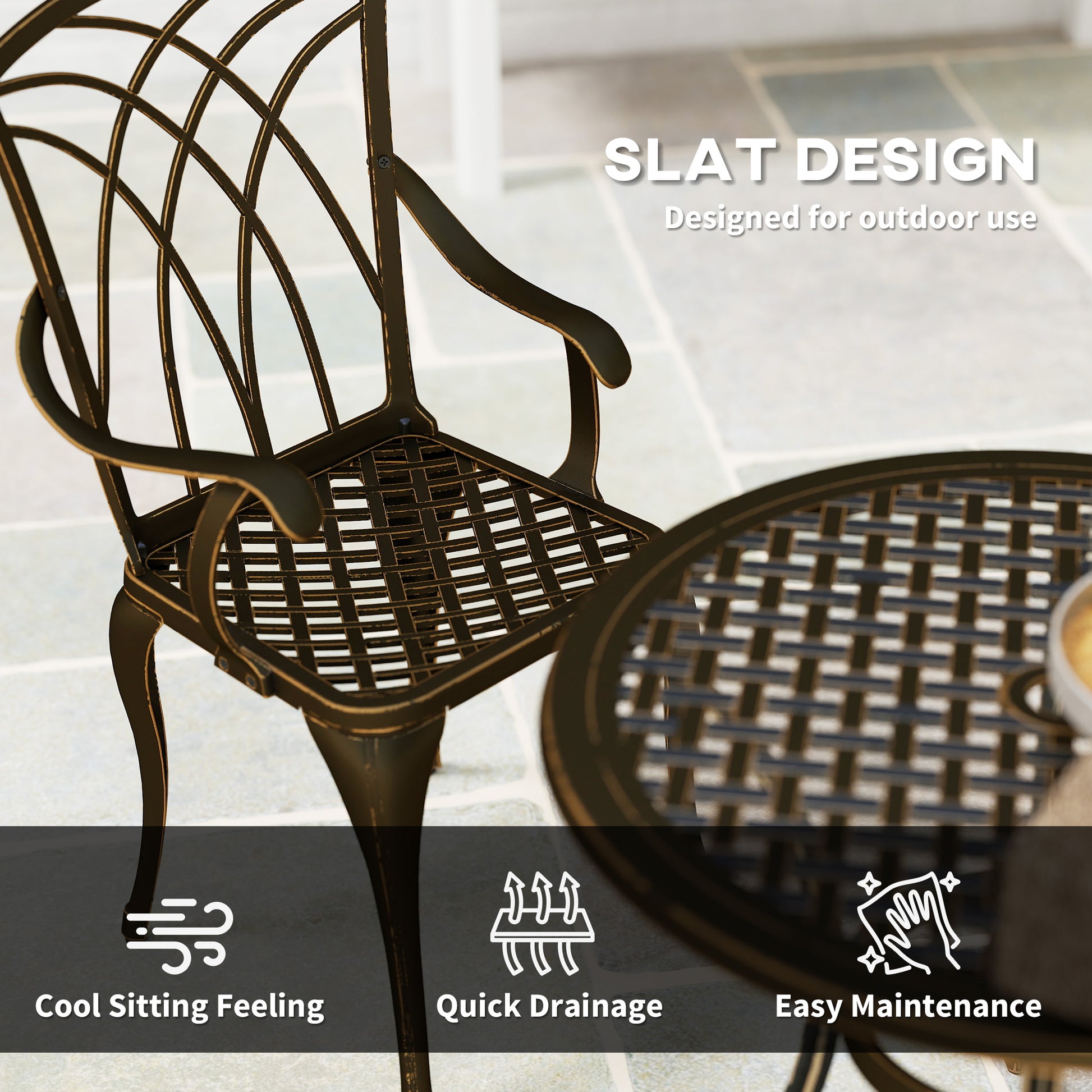Outsunny 5 Pieces Garden Dining Set for 4, Cast Aluminium Outdoor Dining Set with 4 Armchairs and Round Dining Table with Parasol Hole, Garden Furniture Bistro Set, Bronze Tone