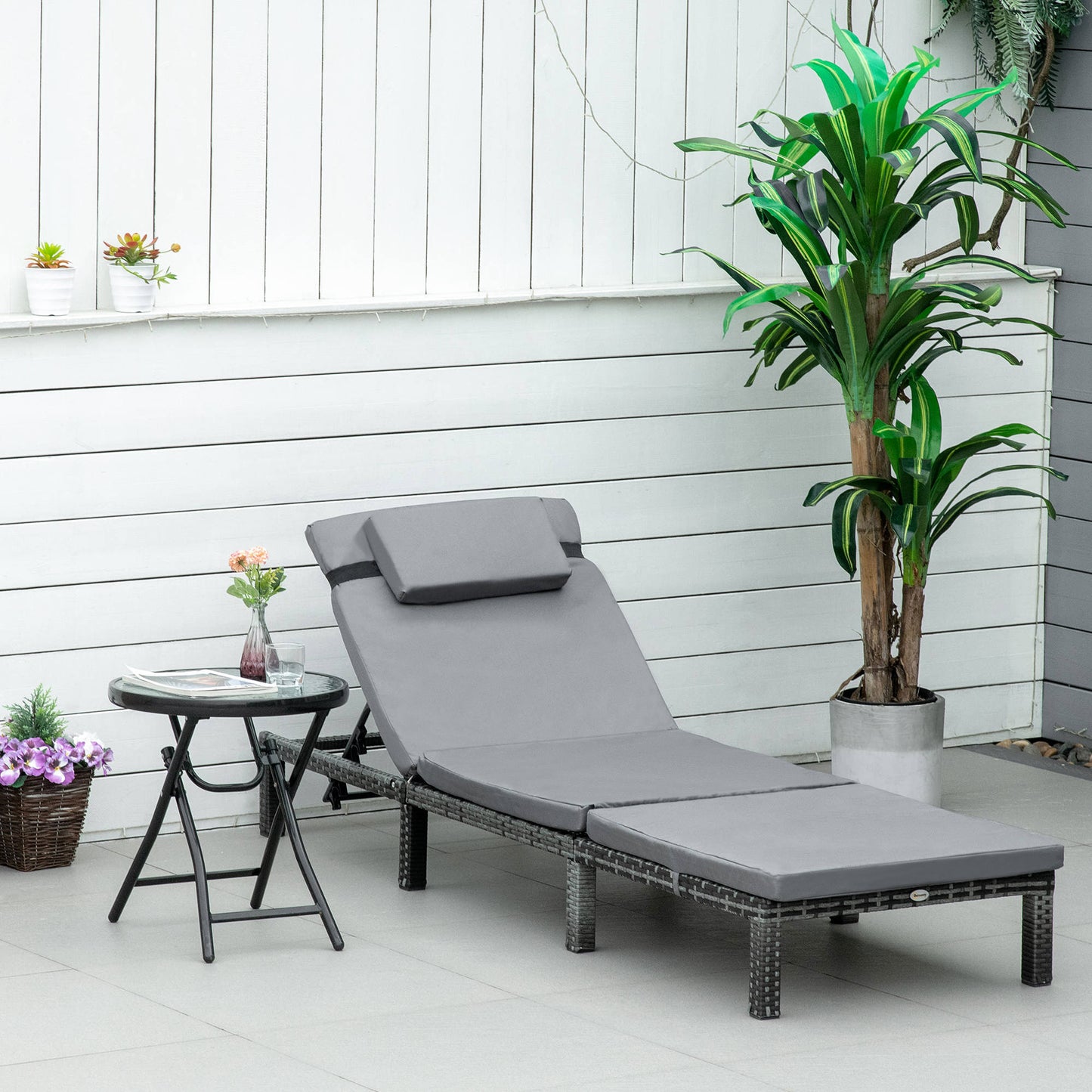 Riviera Rattan Sun Lounger, 5-Level Adjustable Garden Lounger Recliner with Cushion and Headrest