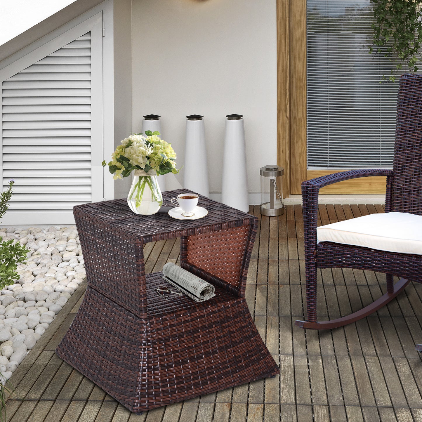 Sorrento Rattan Outdoor Coffee Table, Wicker Garden Patio Bistro Side Table with Umbrella Hole and Storage Space