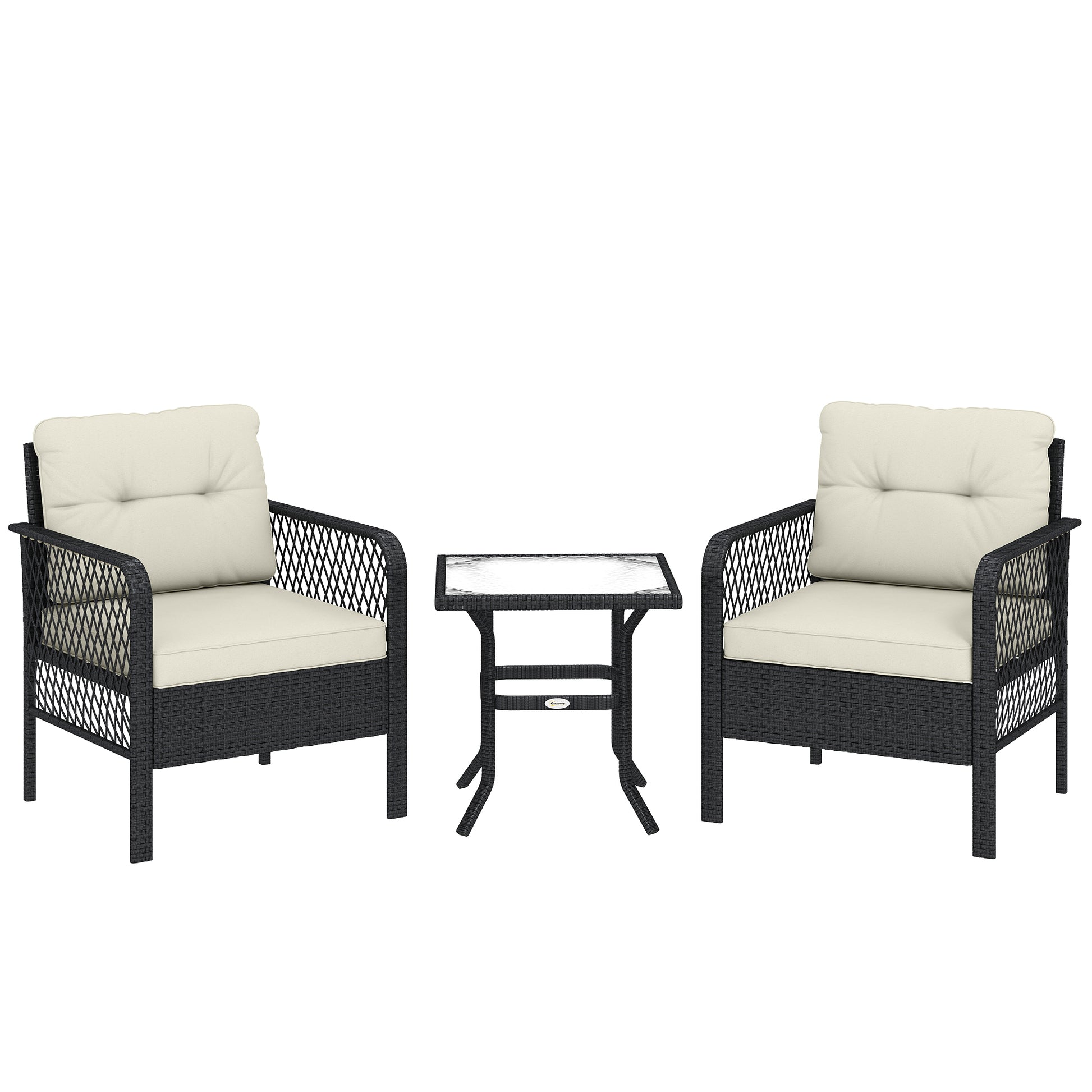 Outsunny 3 Pieces Rattan Bistro Set with Glass Top Coffee Table, Chairs and Cushions for Outdoor, Patio, Balcony, Cream