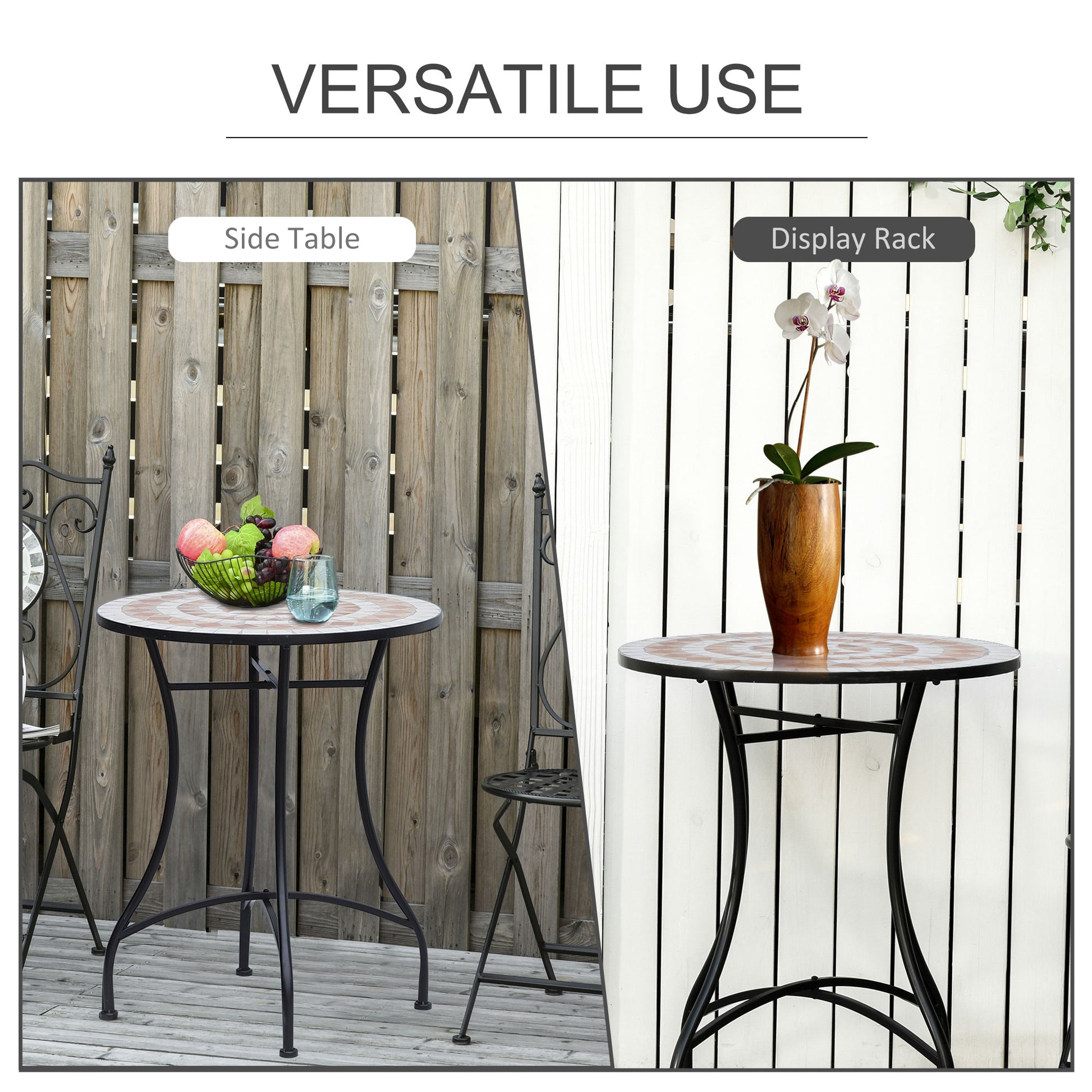 Outsunny 60 cm Mosaic Garden Table, Small Round Outdoor Side Table with Ceramic Top, Plant Stand for Patio, Balcony, Orange and White