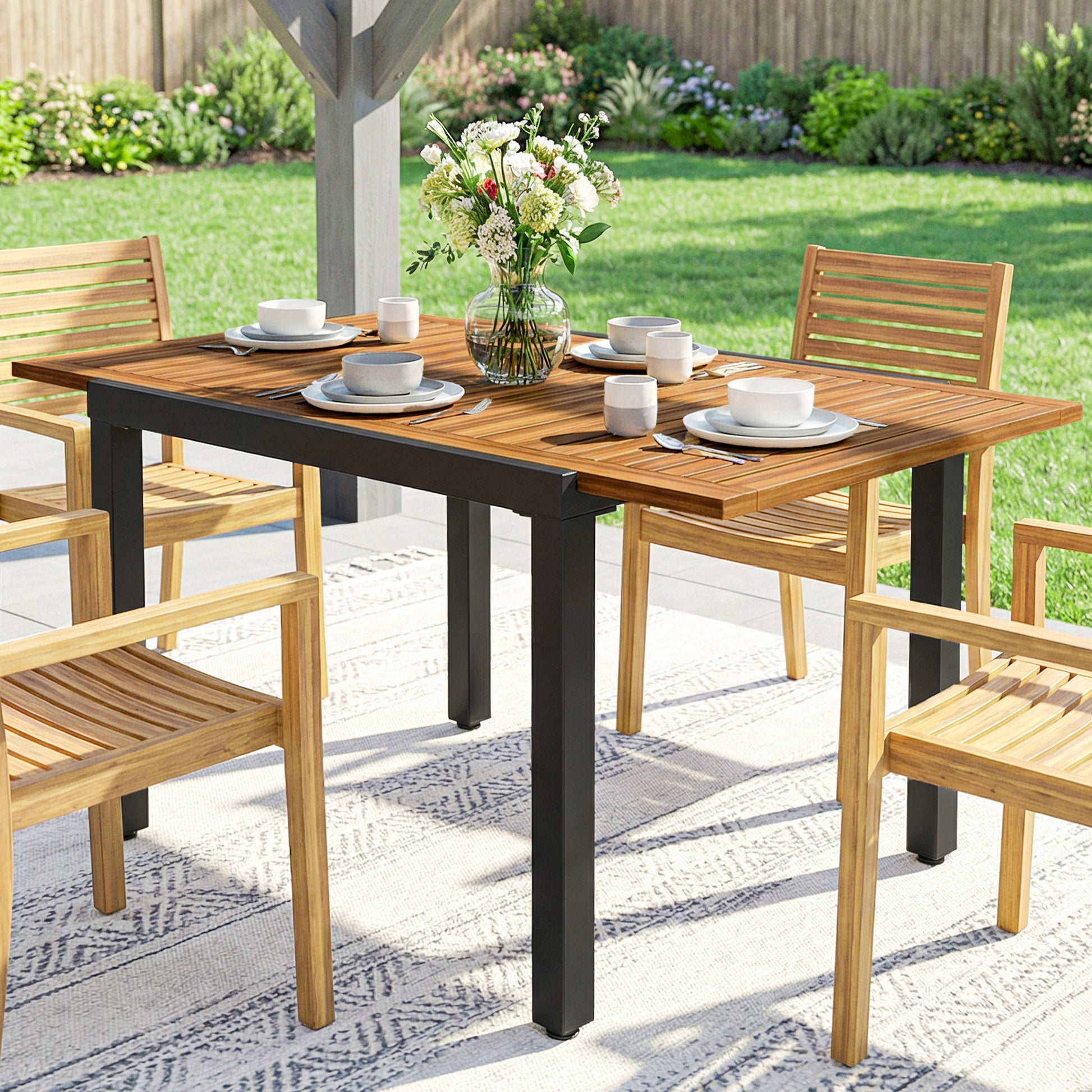 Outsunny Patio Dining Table Expandable Outdoor Dining Table Acacia Wood Top 80-120 cm Natural and Black