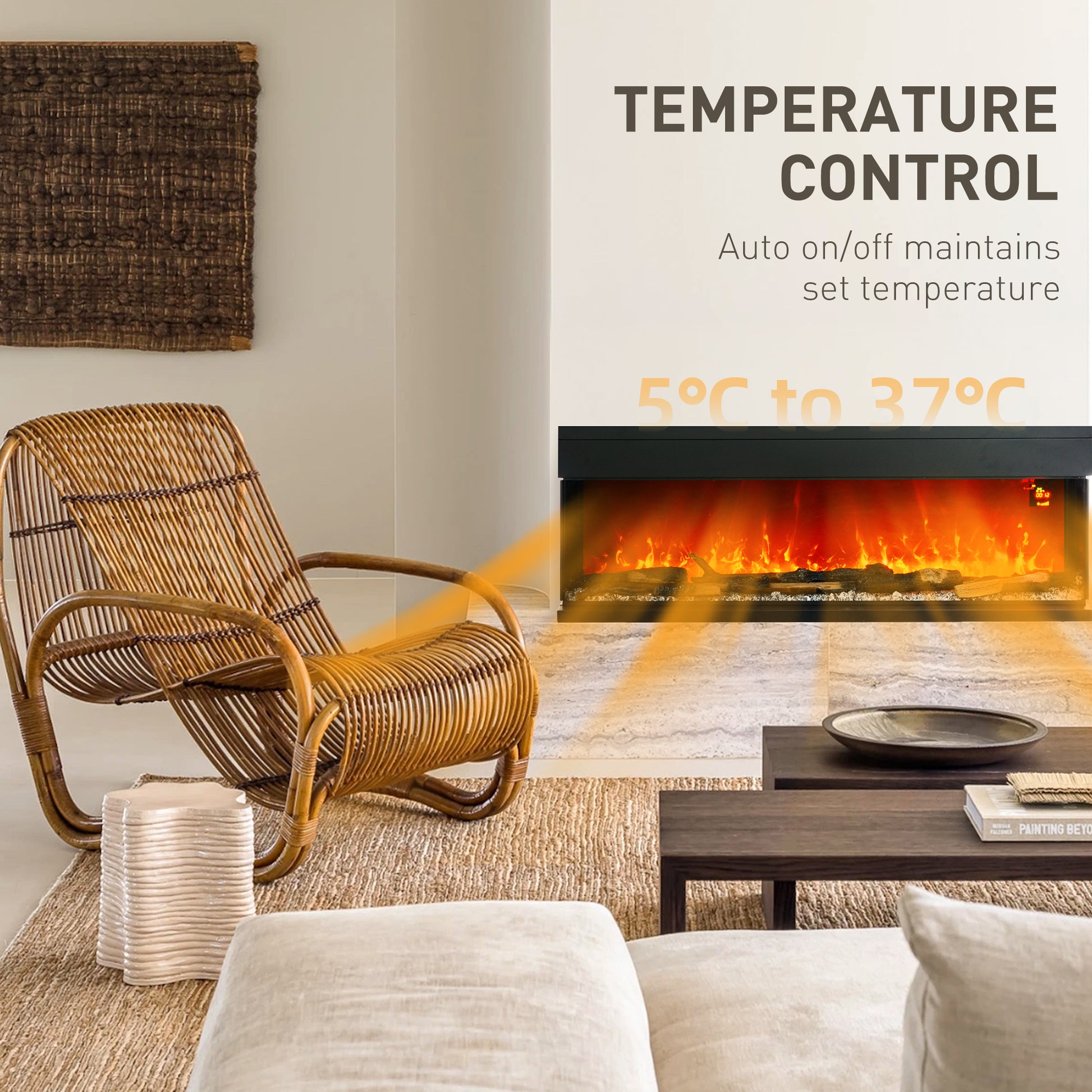 HOMCOM 1800W 15-40°C Adjustable Flame Glass Panel Convector Heater, 152cm