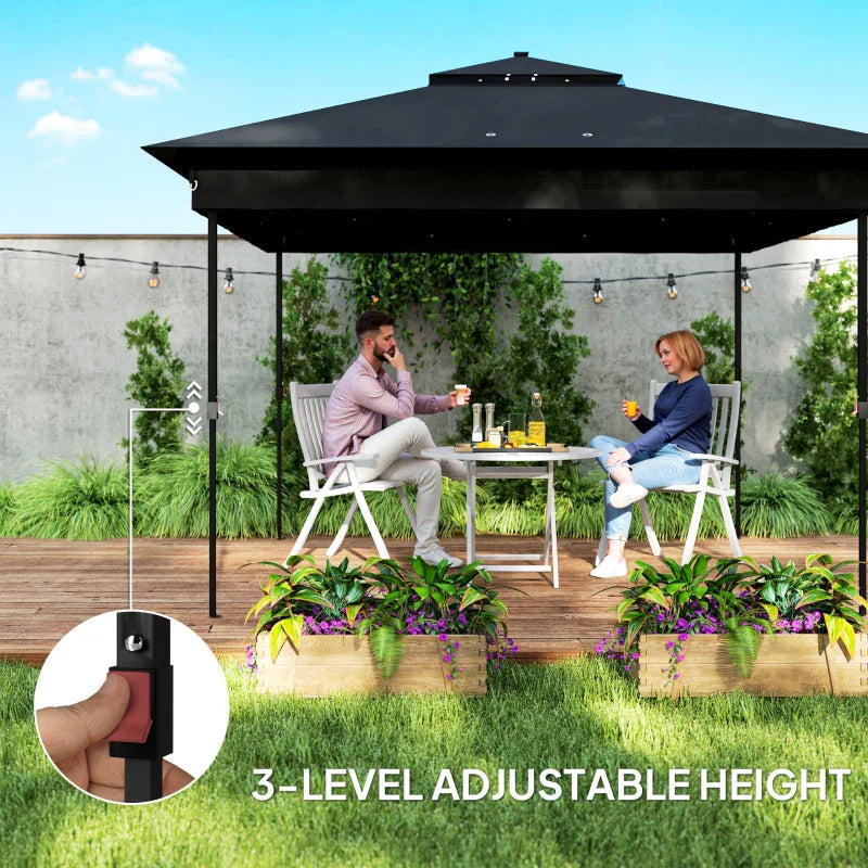 3m x 3m Pop Up Gazebo with Solar LED Lights – Black Outdoor Party Tent with Adjustable Height & Insect Netting