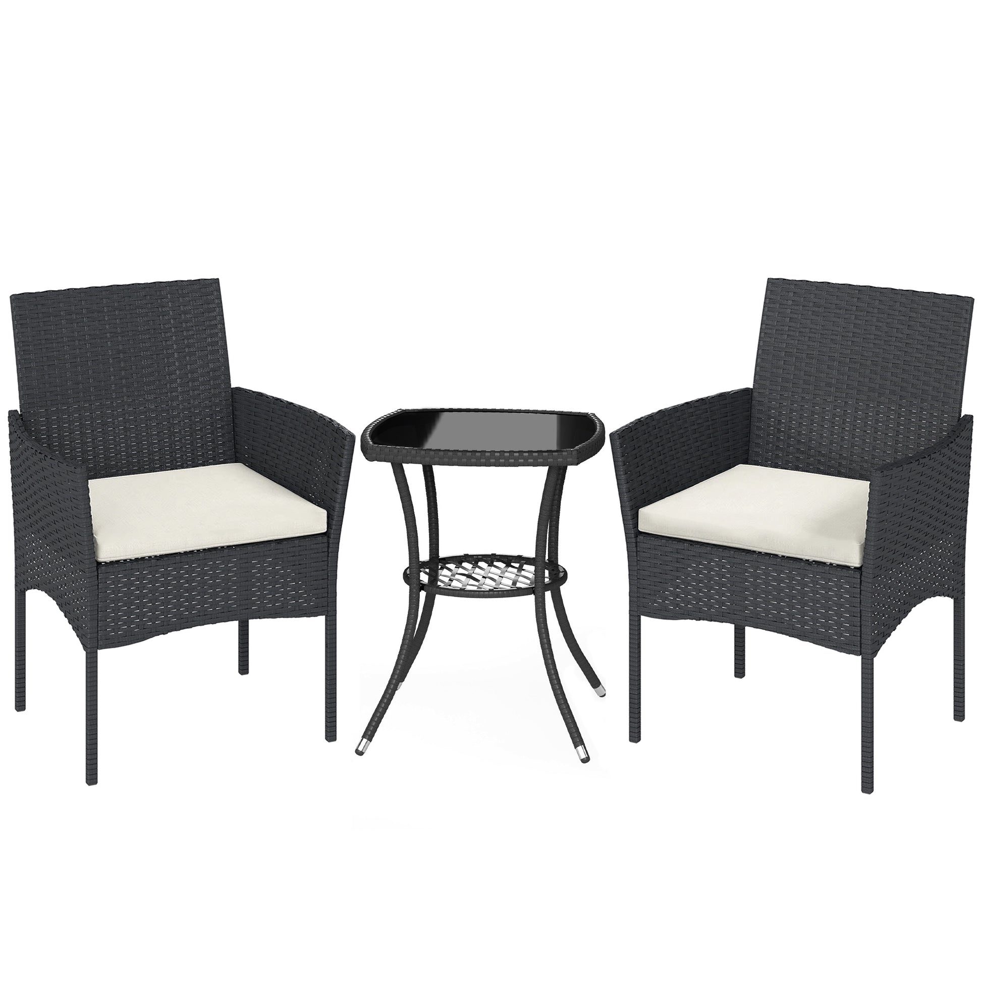 Outsunny 3 Piece Rattan Bistro Set, PE Wicker Garden Furniture Conversation Set with 2 Tier Glass-Top Table, Chairs, Cream White