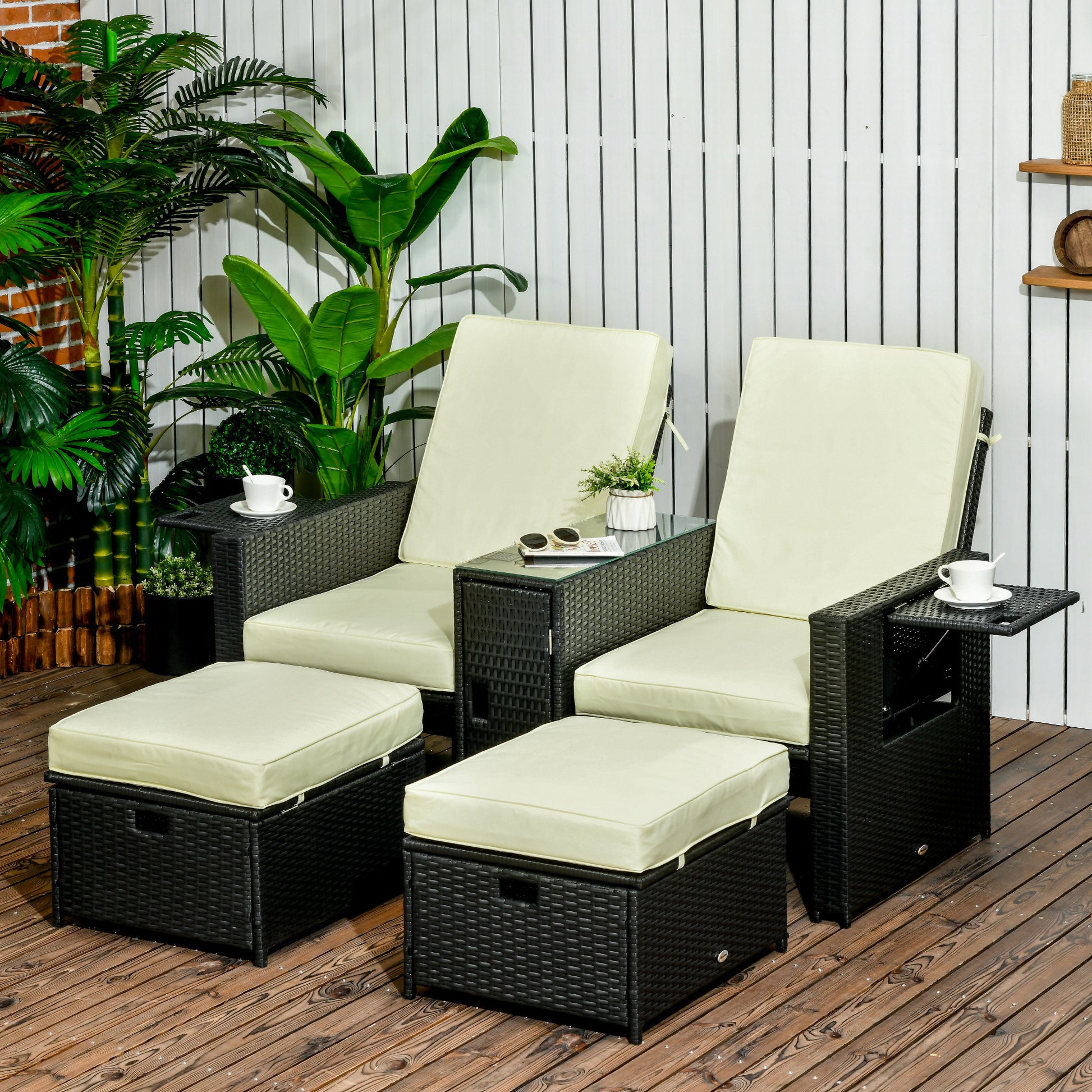Amalfi 5PC PE Rattan Sun Lounger, 5-level Adjustable Recliner Sofa Bed with Storage Side Table and Footstools