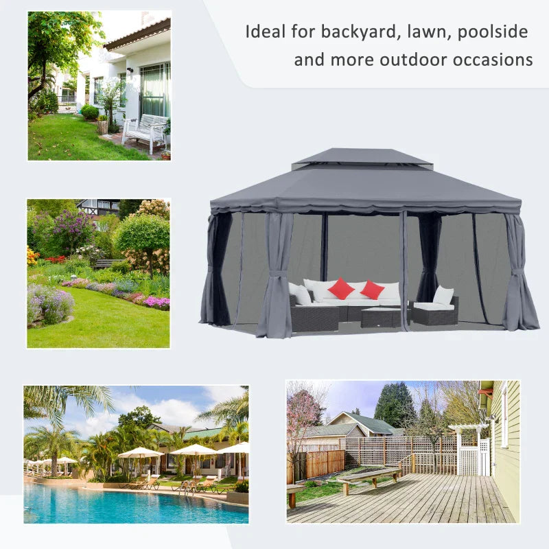 3.9m x 2.9m Dark Grey Aluminium Garden Pavilion – Double Roof Gazebo Canopy with Privacy Curtains, Insect Mesh Netting & Party Shelter Tent
