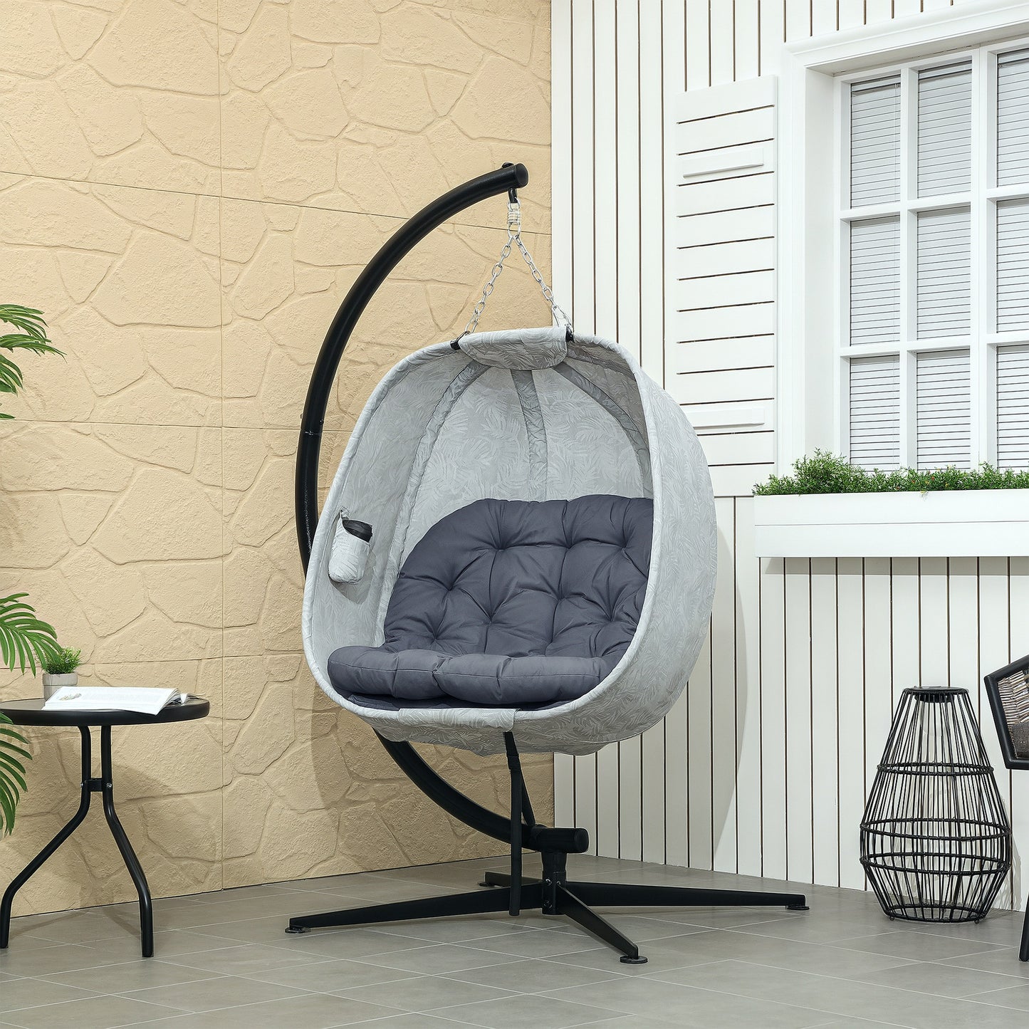 Santorini Hanging Egg Chair Garden Swing Chair with Folding Basket, Hanging Chair with Stand, Thickened Cushion