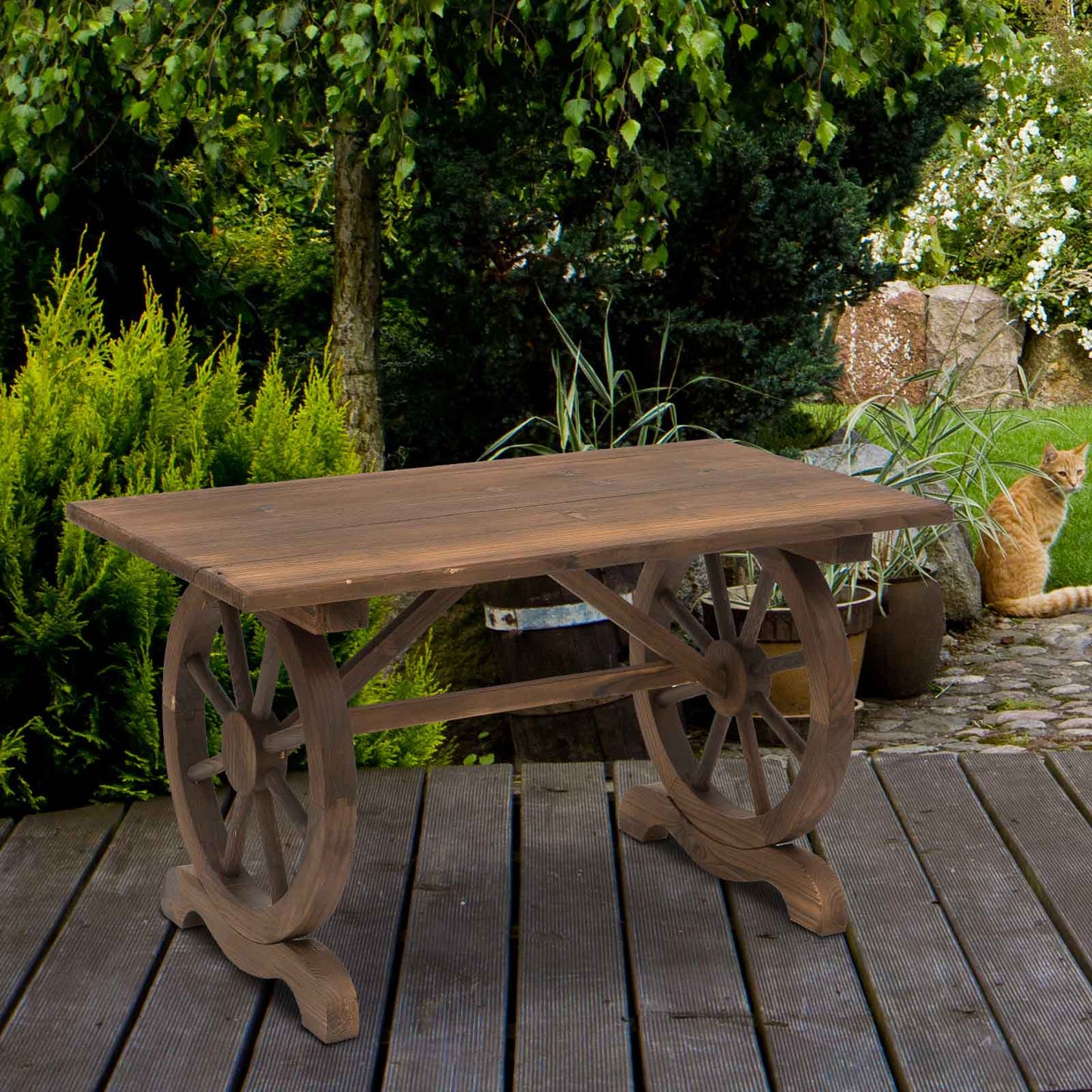 Amalfi Wooden Garden Dining Table, Wagon Wheel Outdoor Coffee Table with 3 cm Wood Top for Patio, Balcony