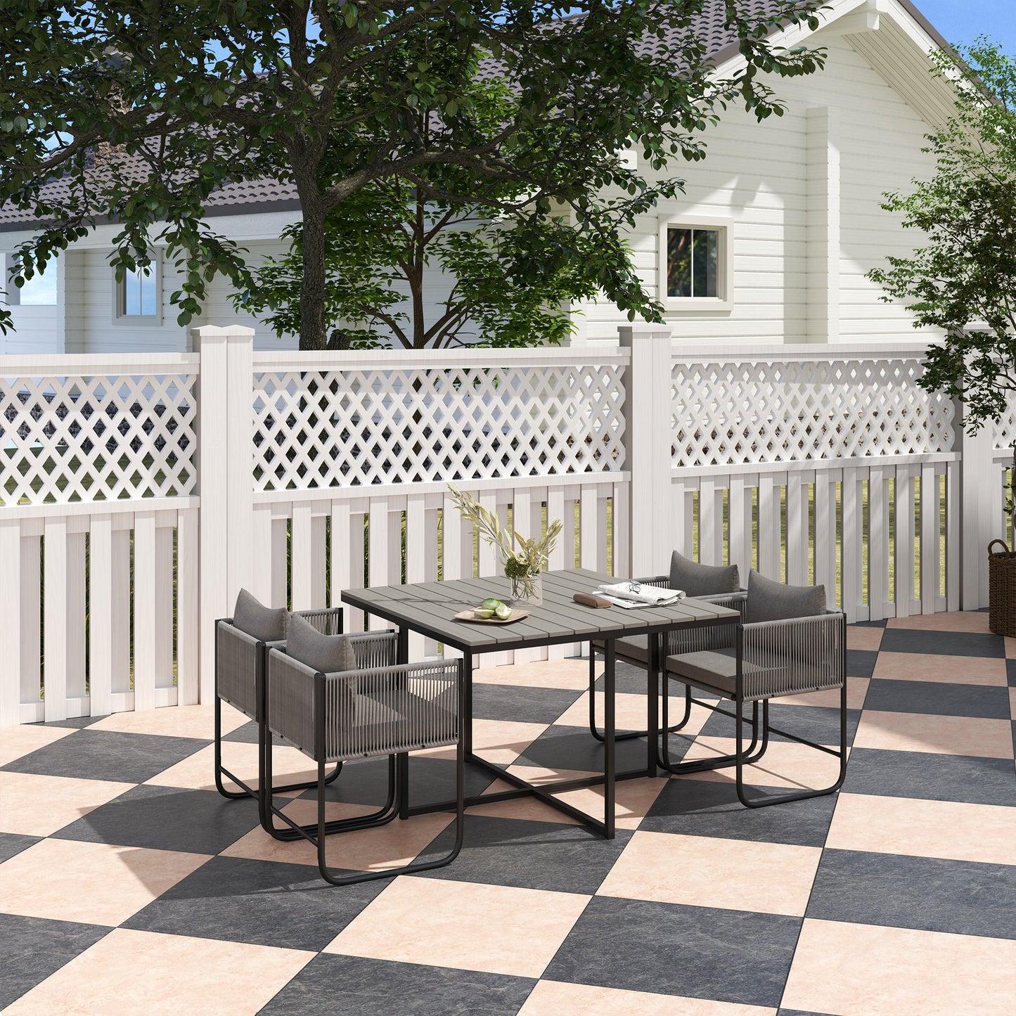 4 Seater Rattan Cube Garden Furniture Set, Rattan Dining Set with Cushions, Garden Dining Table and Chairs with Rectangular Wood Grain Plastic