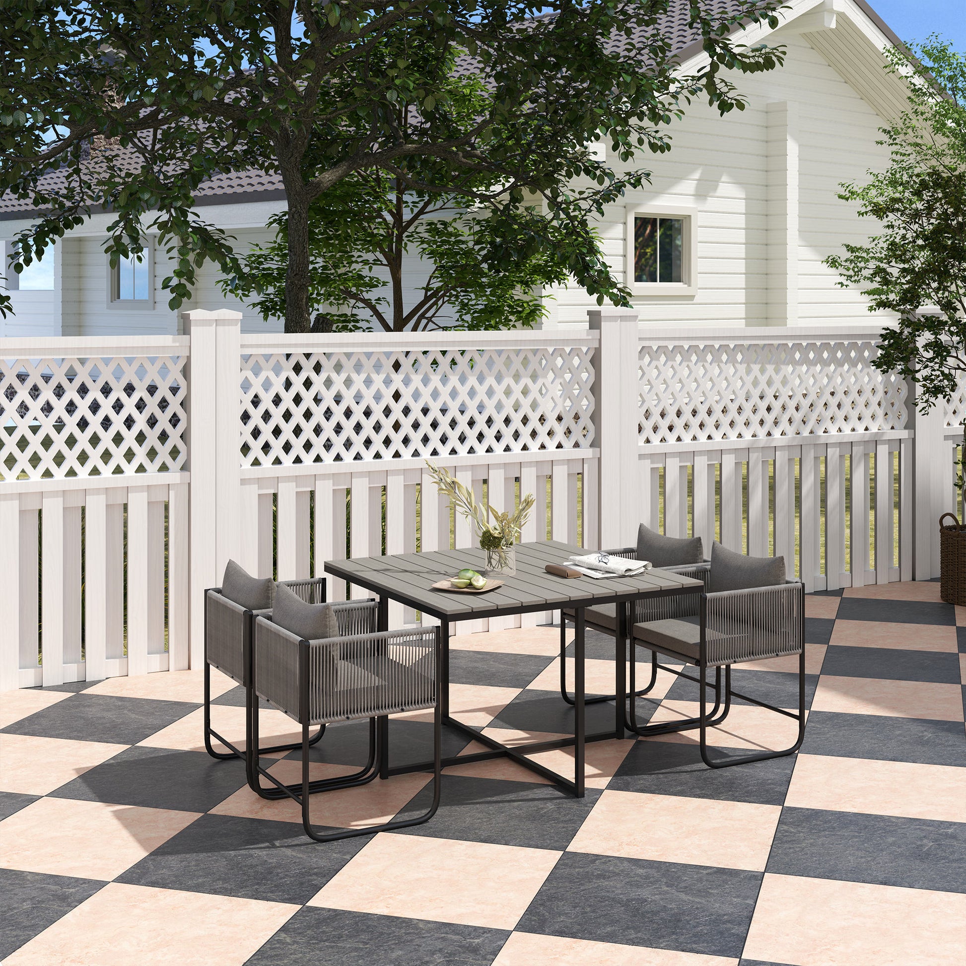 4 Seater Rattan Cube Garden Furniture Set, Rattan Dining Set with Cushions, Garden Dining Table and Chairs with Rectangular Wood Grain Plastic