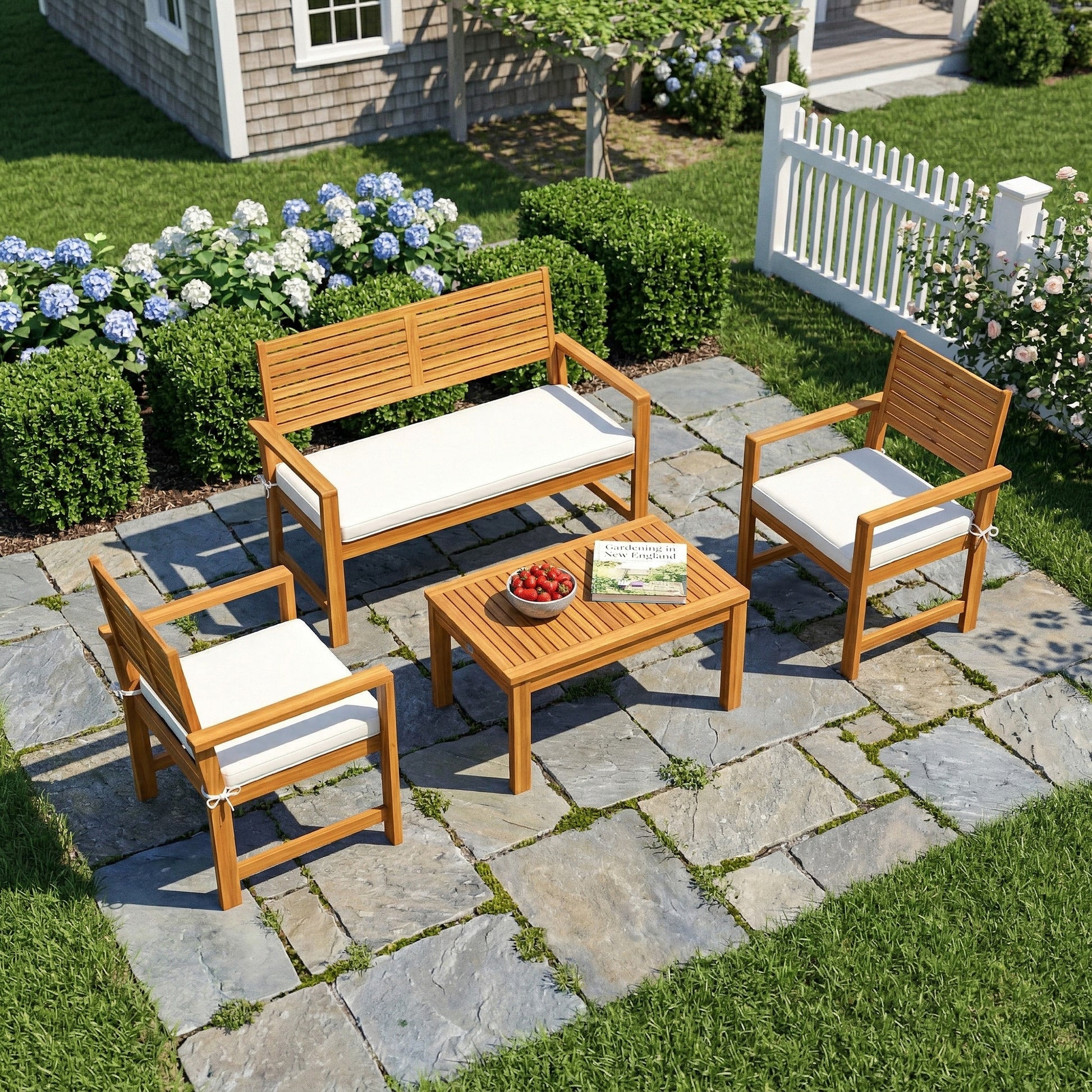 Monaco 4 Seater Wooden Garden Furniture Set with Loveseat, Armchairs, Table, Acacia Wood Garden Sofa Set