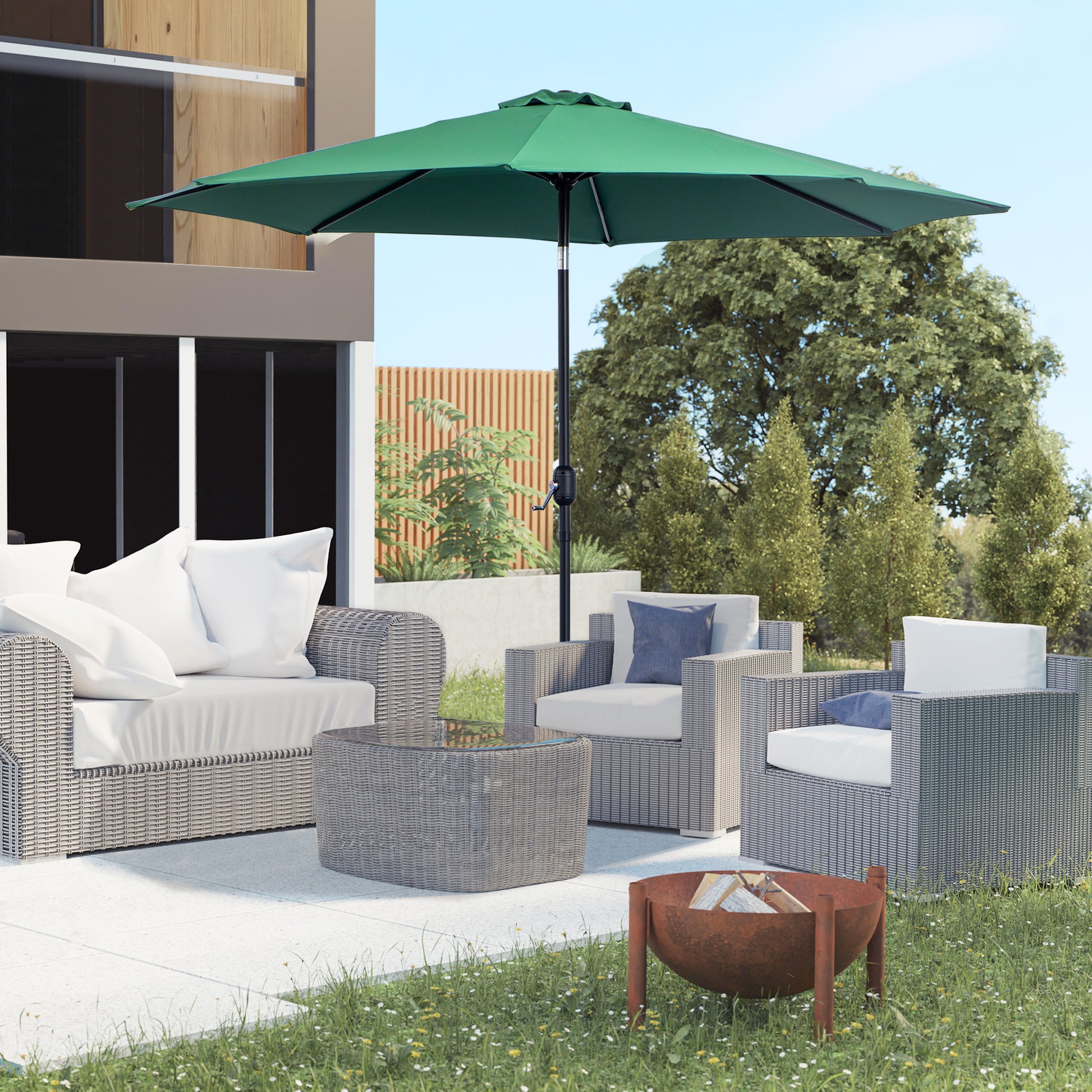 3(m) Tilting Parasol Garden Umbrellas, Outdoor Sun Shade with 8 Ribs, Tilt and Crank Handle for Balcony