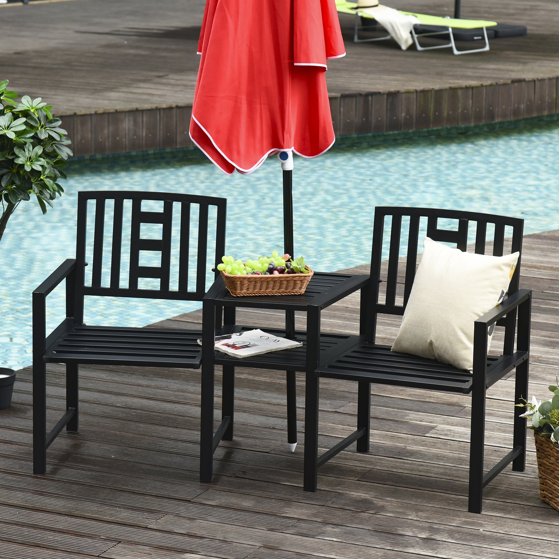 Verona 2 Seat Garden Chair Bench Loveseats Jack and Jill Seat w/Coffee Table Slatted Design Patio Yard