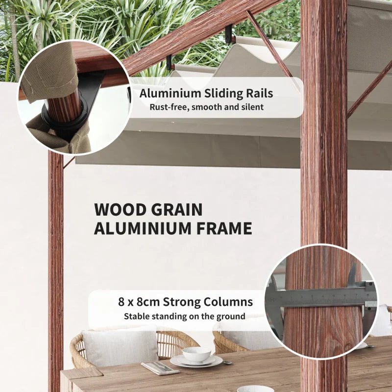 3m x 3m Retractable Roof Pergola – Natural Wood Effect Finish, Outdoor Garden Shade Canopy Shelter