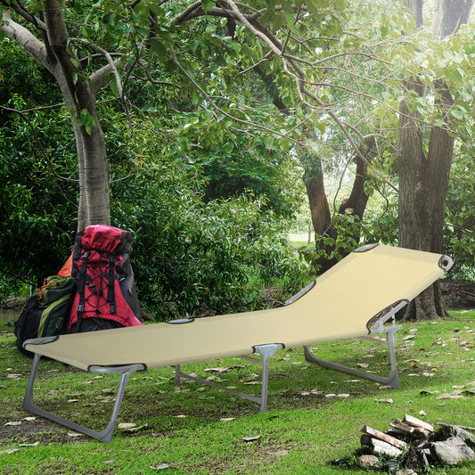 Reclining Sun Lounger Chair Folding Camping Bed with 4-Position Adjustable Backrest, for Travel Indoor Outdoor Office Fishing, Beige