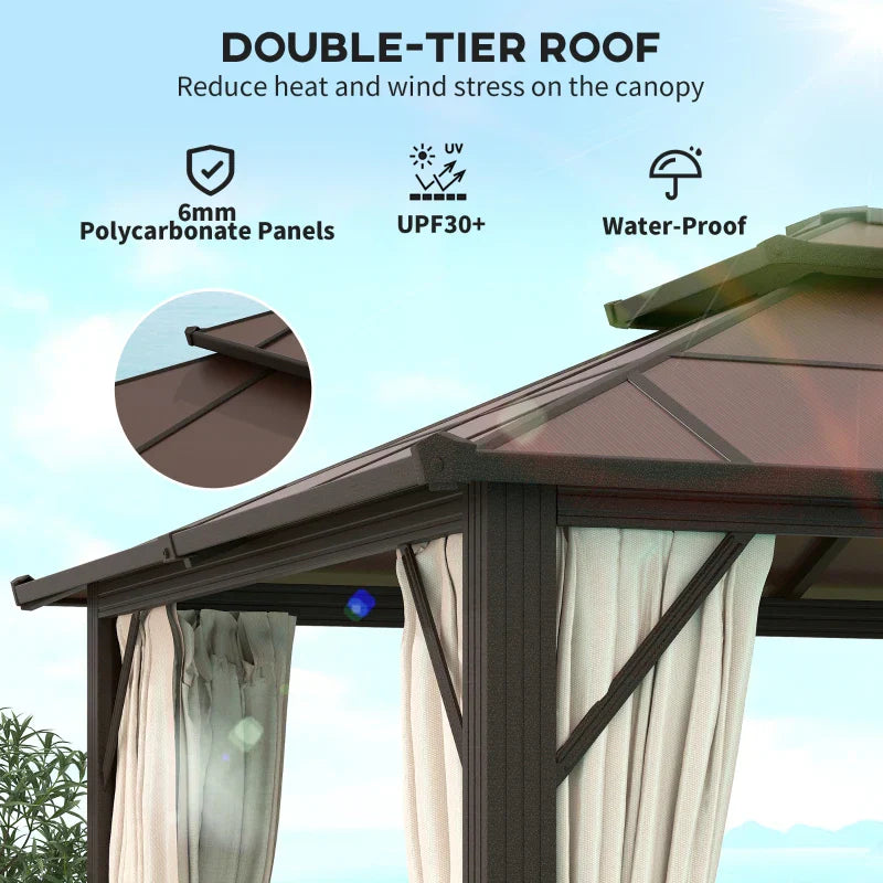 4m x 3m Beige Permanent Hardtop Gazebo – UPF30+ Polycarbonate Double Roof Pavilion with Aluminium Frame, Curtains & Mosquito Netting for Garden, Patio & Deck