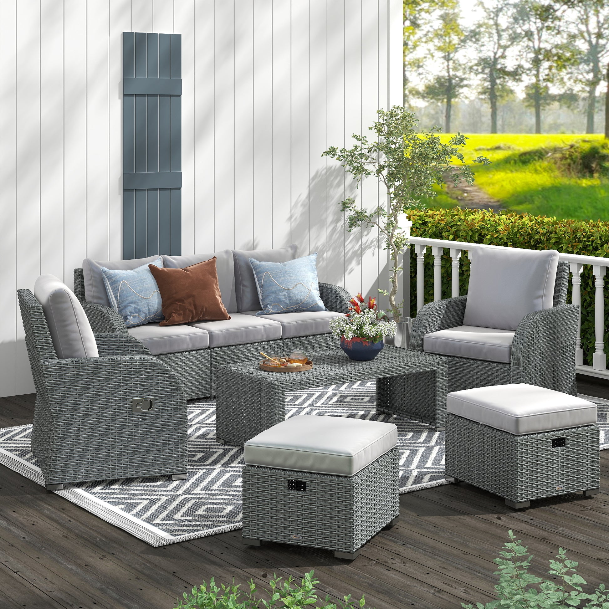 Tivoli Six-piece Outdoor Rattan Dining Set, Garden Sofa Set with Reclining Armchairs and Mental Frame, Grey
