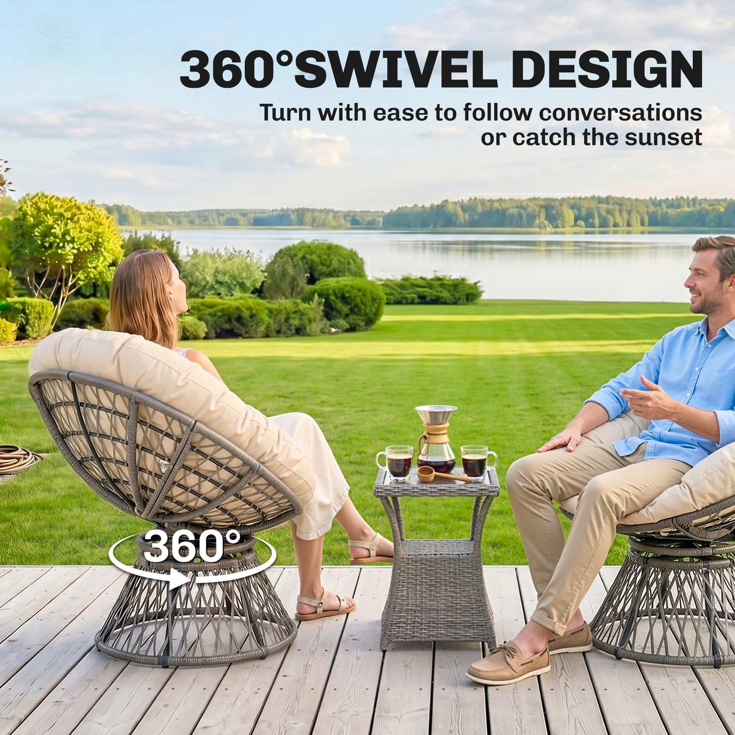 Outsunny 360° Swivel Rattan Moon Bowl Chair Round Lounge Garden Wicker Basket Seat with Padded Cushion Oversized for Outdoor Indoor, Beige