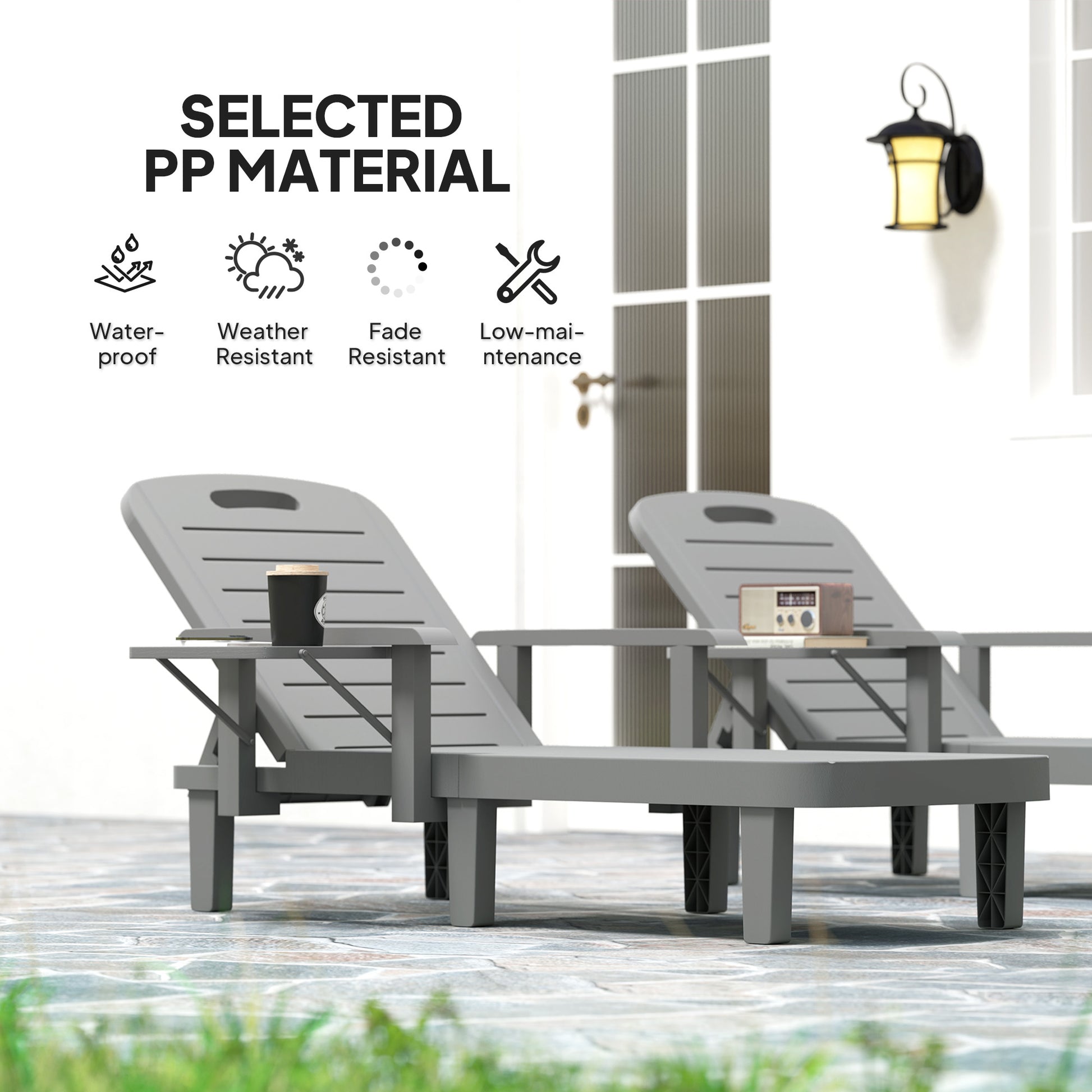 Outsunny Set of 2 Reclining Sun Loungers, 5 Positions Adjustable Outdoor Chaise Lounge Chair with Armrests, Dark Grey