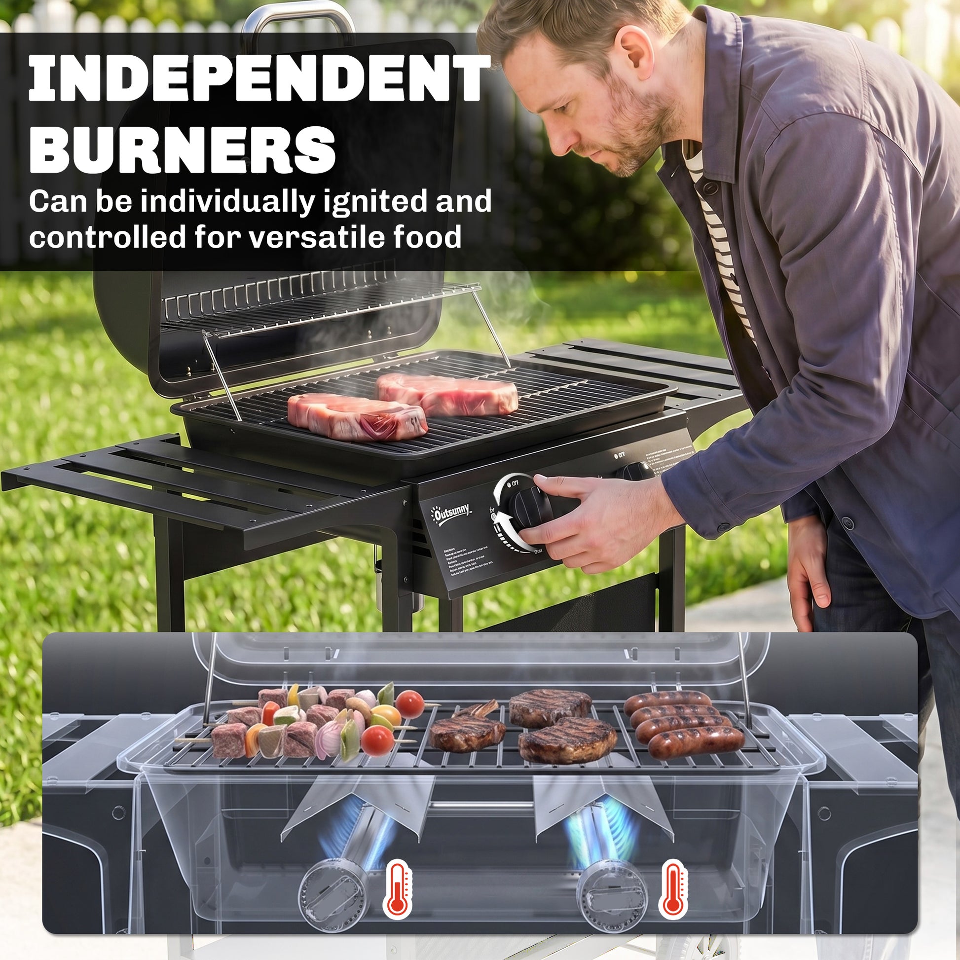 Outsunny Gas Burner Barbecue Grill, 2 Burner Gas Grill with Side Tables, Warming Rack, Shelf, Thermometer, Grease Tray, Black