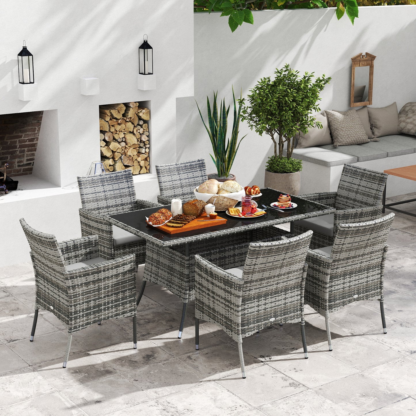 Mediterraneo 7-Piece Rattan Garden Furniture Set with Cushions, 6 Seater Garden Table and Chairs