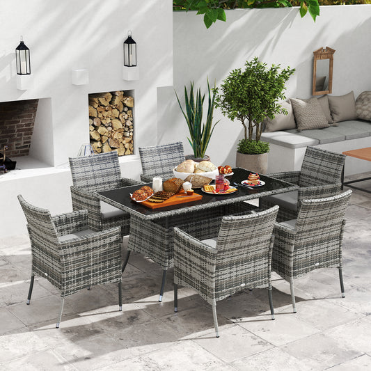 Mediterraneo 7-Piece Rattan Garden Furniture Set with Cushions, 6 Seater Garden Table and Chairs