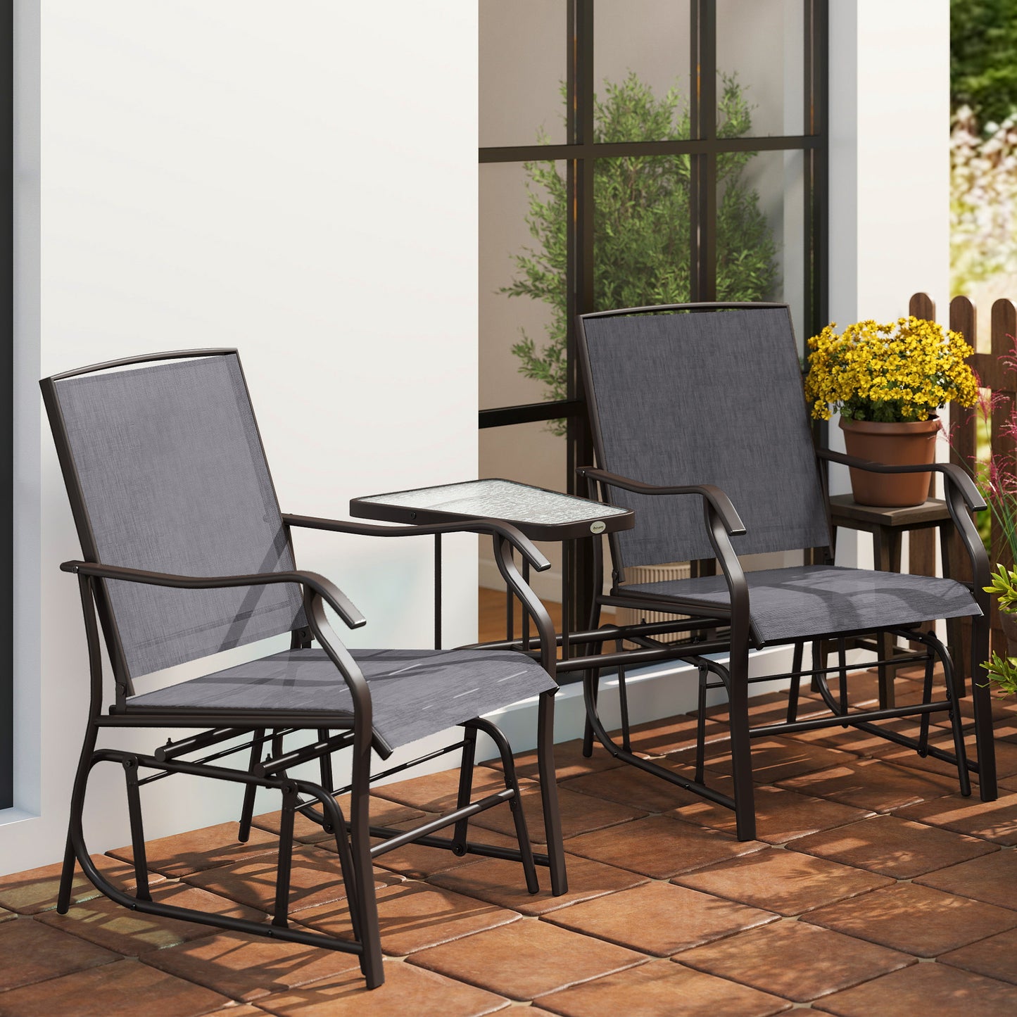 Outsunny Gliding Jack and Jill Seat, with Glass-Top Table - Brown/Grey