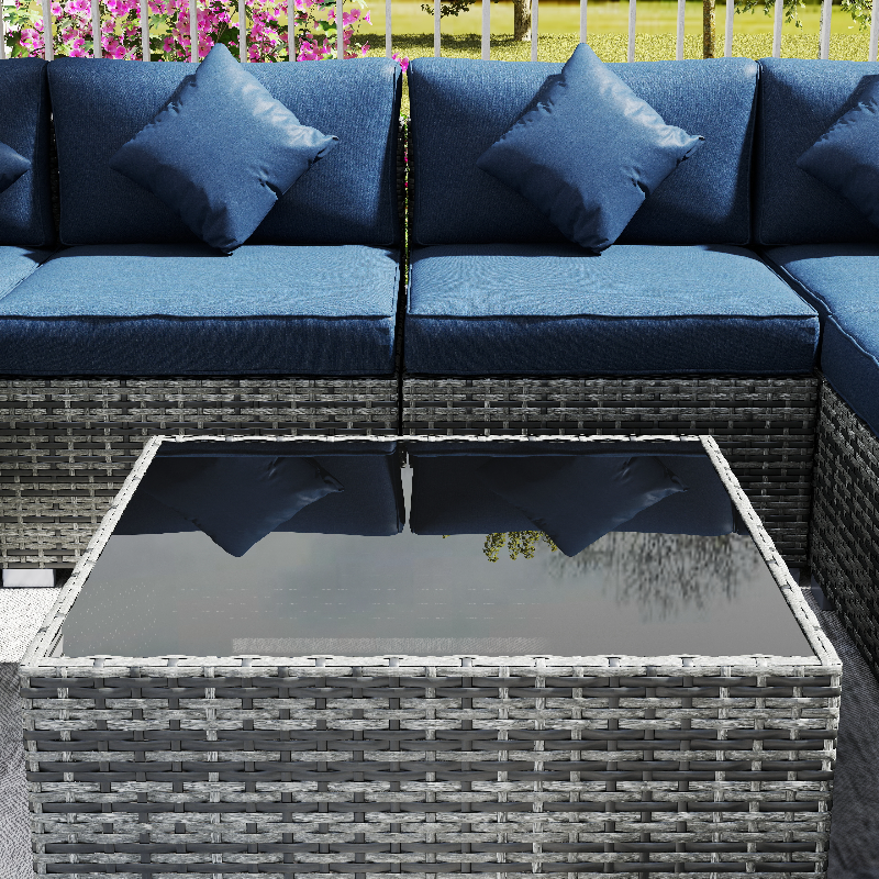 Outsunny 8 Pieces PE Rattan Corner Sofa Set, Outdoor Garden Furniture Set, Patio Wicker Sofa Seater with Cushion, Dark Blue