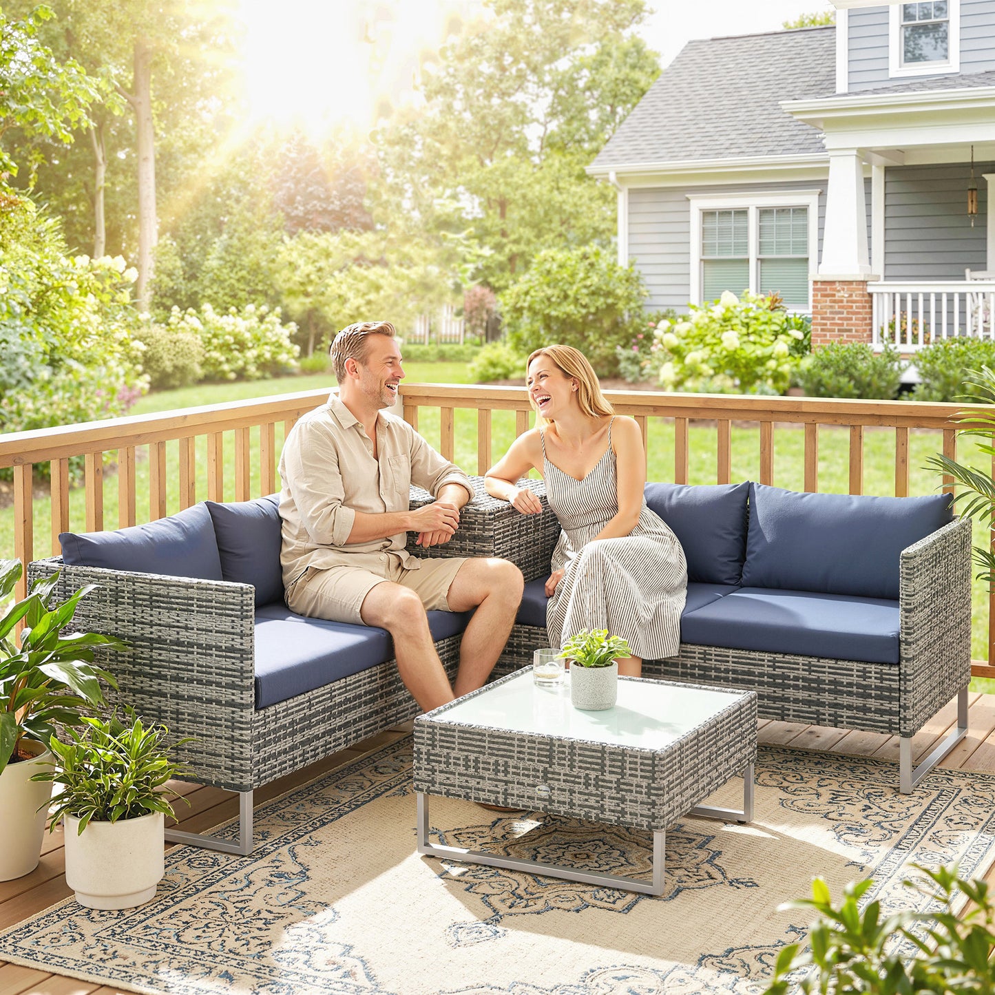 Marbella 4 Piece Rattan Garden Furniture Set, Outdoor Corner Sofa Set with Storage Table, Loveseats