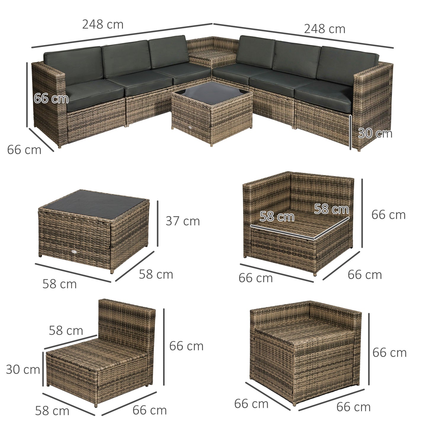 Outsunny 8 Pieces Outdoor PE Rattan Sofa Set with Cushions and Glass Top Coffee Table, Mixed Brown