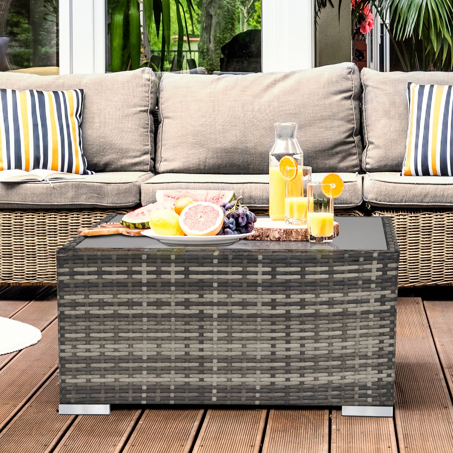 Marbella Square PE Wicker Rattan Table with Glass Top - Dark Grey