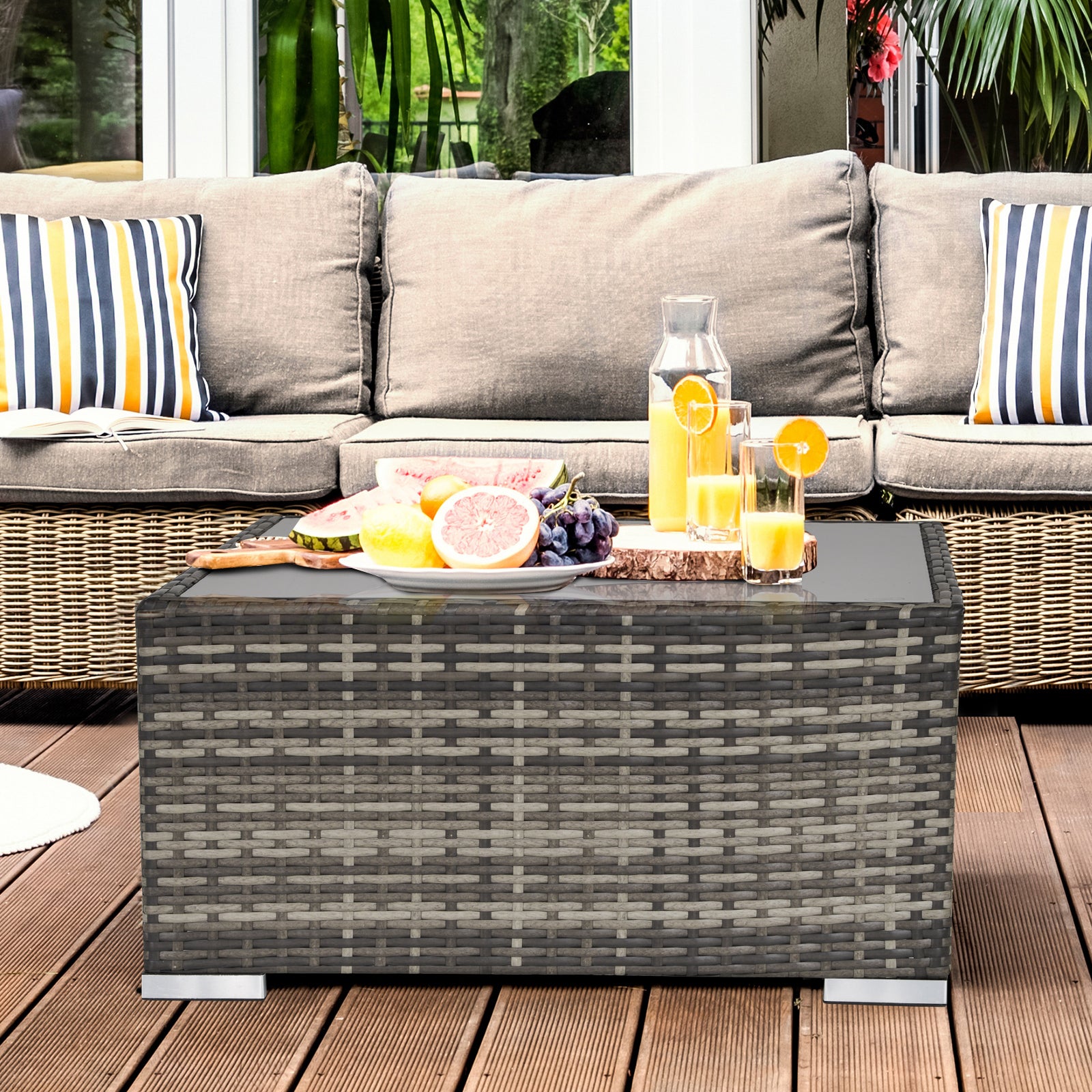 Marbella Square PE Wicker Rattan Table with Glass Top - Dark Grey