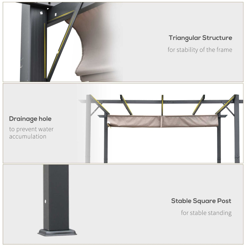 3m x 3m Aluminium Pergola – Brown Retractable Canopy Roof with Pulley System, UV & Water Resistant Garden Shade Shelter with Drainage Grommets