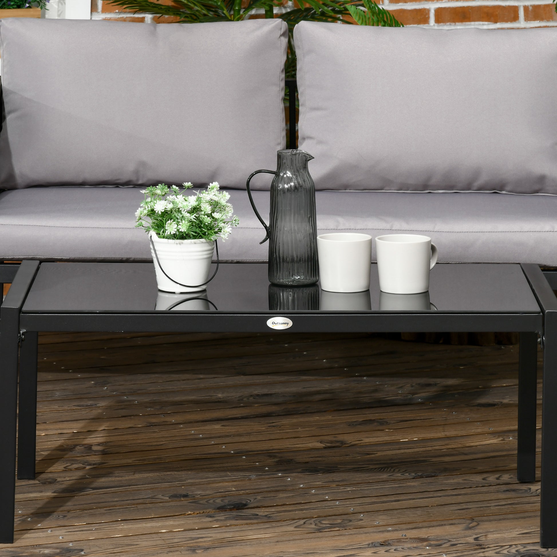 Outsunny 4 Piece Metal Garden Furniture Set with Tempered Glass Coffee Table, Texteline Pocket, Light Grey