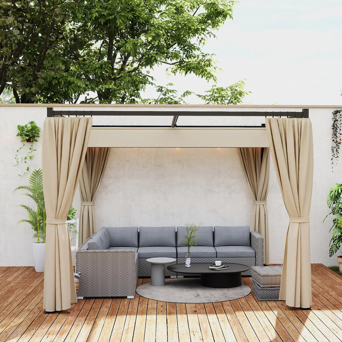 3m x 3m Retractable Metal Pergola with Curtains – Outdoor Patio & Deck Shelter, Adjustable Canopy Shade for BBQ & Grill Area, Beige