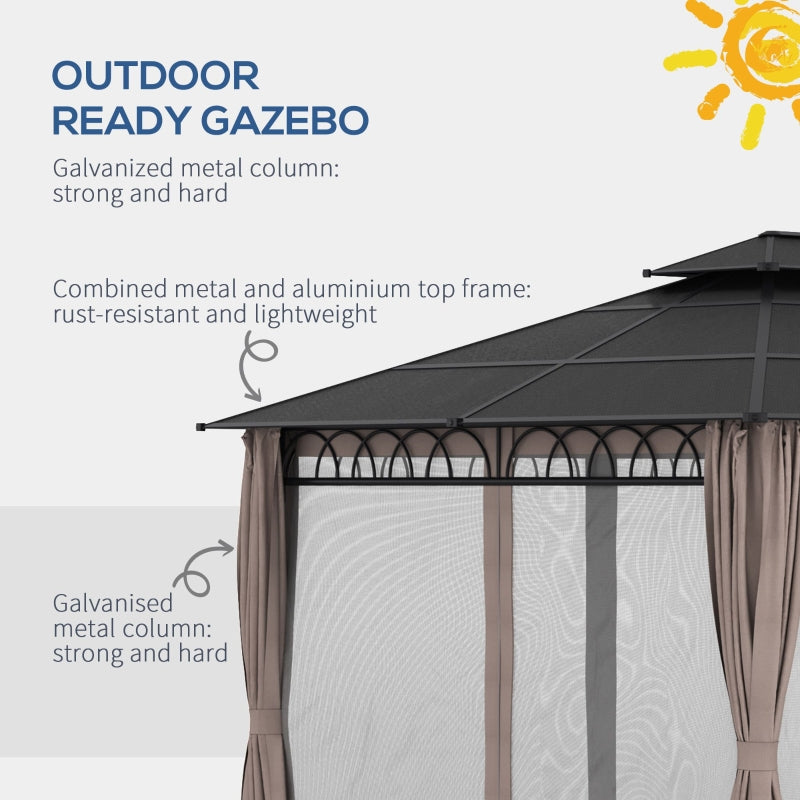 3.6m x 3m Hardtop Garden Gazebo with Twin-Tier Polycarbonate Roof, Privacy Curtains & Insect Mesh Panels
