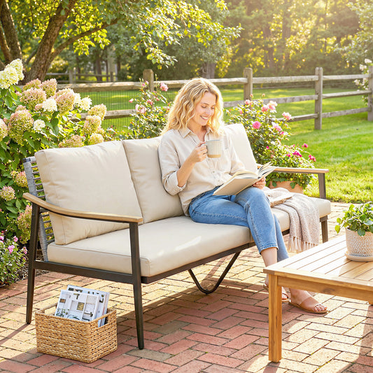 Riviera 3 Seater Rattan Sofa, Garden Sofa with Wood-Effect Armrests, Cushions for Patio, Balcony, Khaki