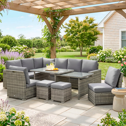 Verona Seven-Piece Rattan Garden Sofa Set, with Expanding Table - Grey